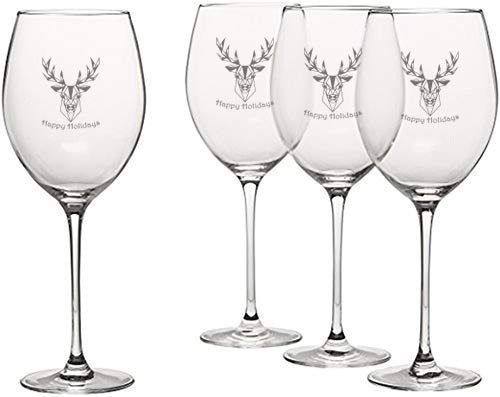 Lenox Tuscany Classics Grand Bordeaux 26.5 oz Large Red Wine Glasses Set of 4 - Engraved with Reindeer & Happy Holidays Design - Premium Crystal Stemware for Christmas Dinner, Holiday Parties & Wine Tasting Gifts