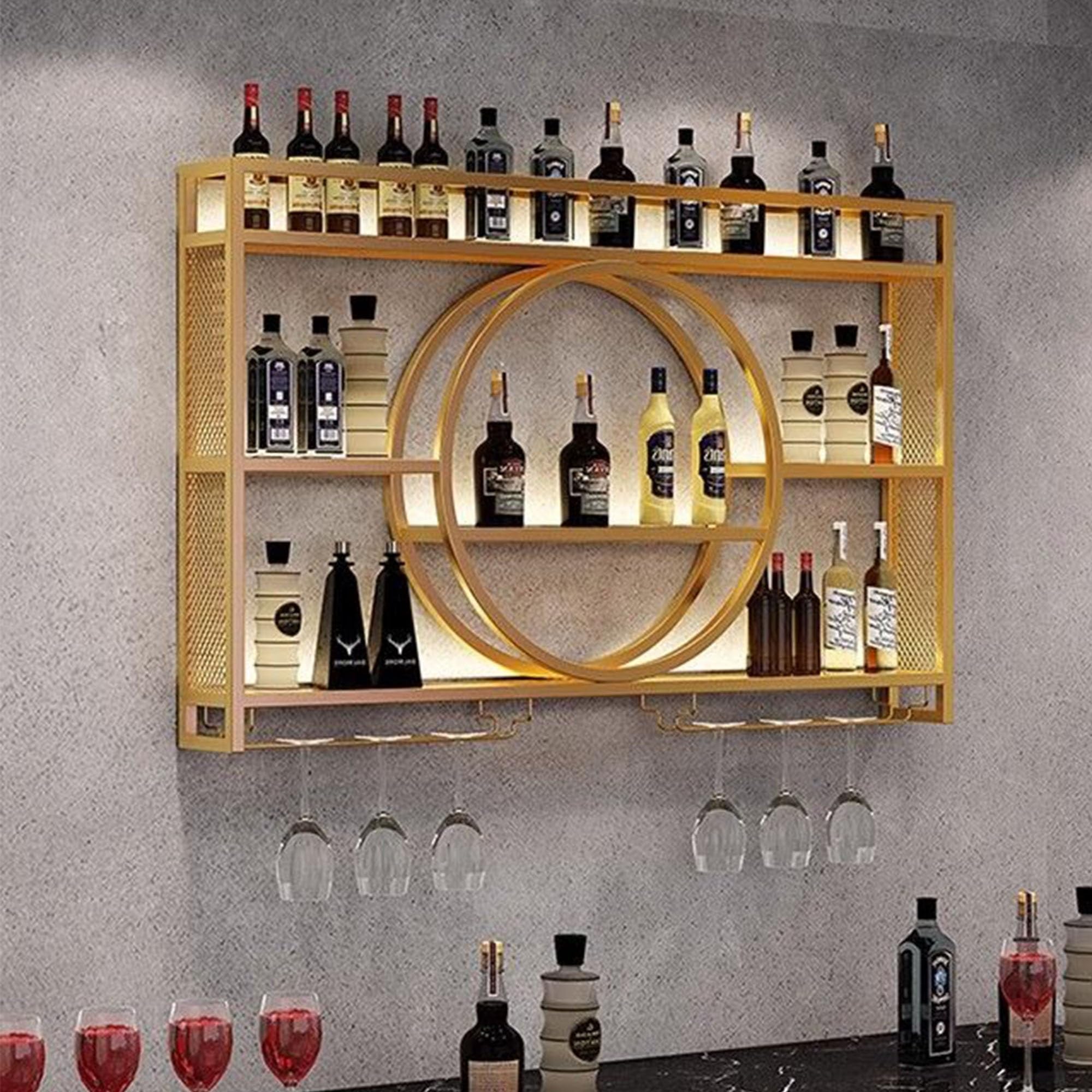 Wall Mounted Wine Rack with LED Lights - Floating Bar Shelves for Wine & Liquor Bottles Display - Space Saving Home Bar Cabinet for Kitchen, Dining Room, Living Room - Perfect for Entertaining Guests & Home Decor