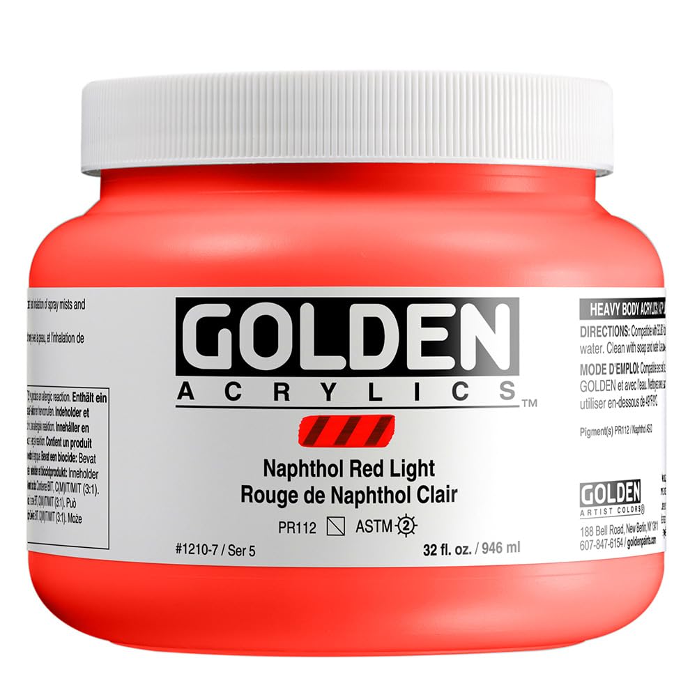 GOLDEN Heavy Body Acrylic Paint - Naphthol Red Light 32 fl oz (946ml) Professional Grade Semi-Transparent Artist Paint for Canvas, Murals & Mixed Media Art