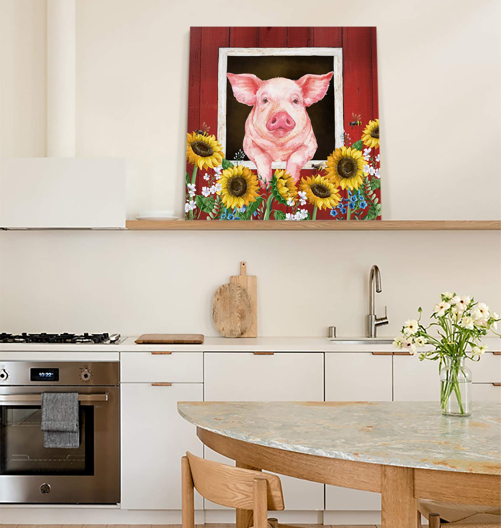 Sunflower Pig Canvas Art Wall Decor - 8x8 Inch Framed Farmhouse Painting for Living Room & Kitchen - Cute Barn Animal Wooden Plank Picture - Ready to Hang - Perfect for Farmhouse, Rustic & Country Style Home Decor