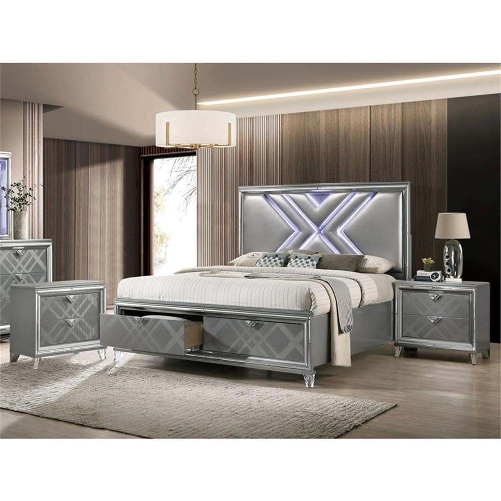FOA Anaiya 3-Piece Solid Wood Bedroom Set - Queen Bed & 2 Nightstands in Silver Finish | Modern Bedroom Furniture for Home Decor | Perfect for Master Bedrooms & Guest Rooms