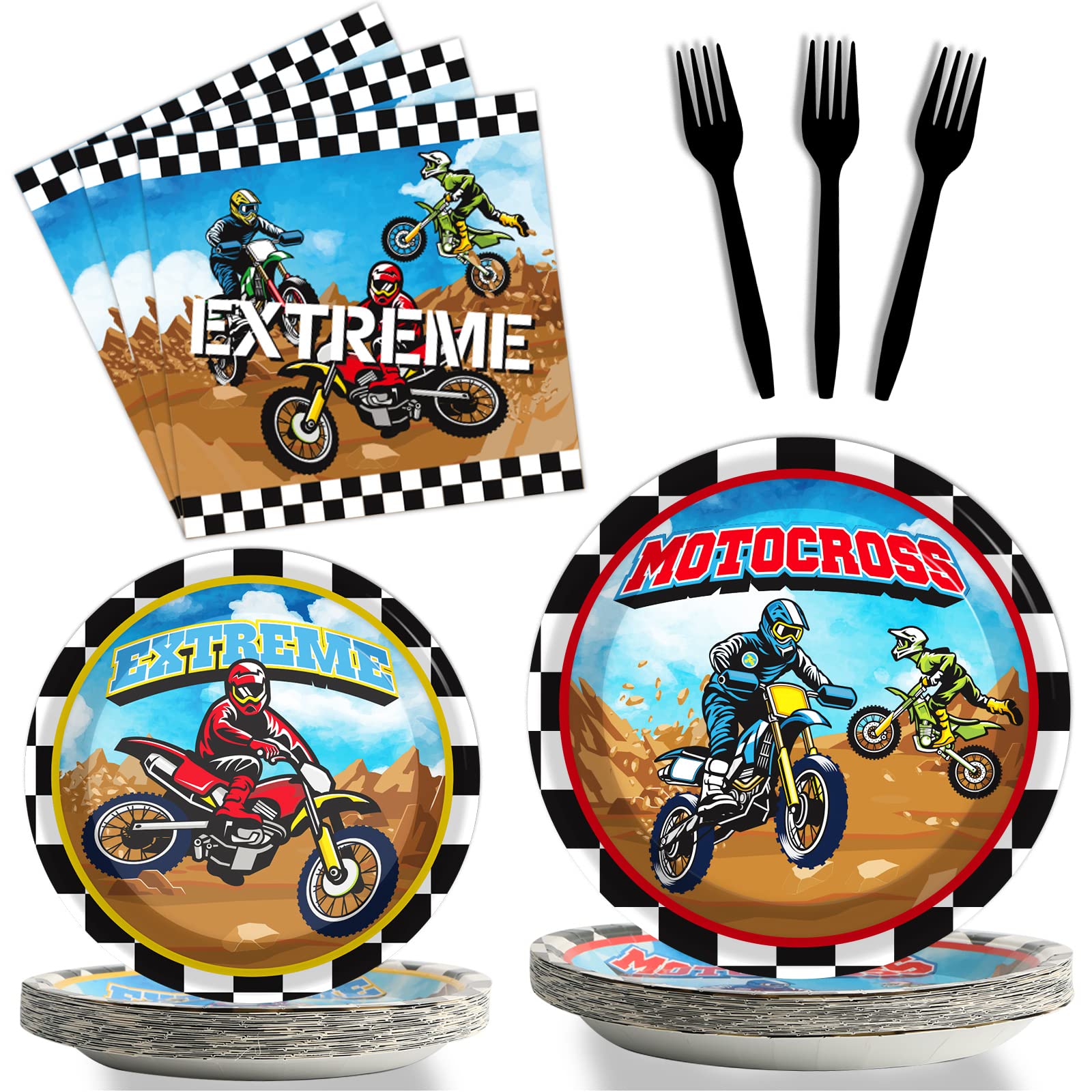 96 Pcs Dirt Bike Themed Party Plates and Napkins Set - Motorcycle Motocross Birthday Party Supplies for Boys, Baby Shower, Tableware Decorations (Serves 24) - Perfect for Kids' Birthday Parties, Motorcycle Themed Events, and Dirt Bike Celebration Decorations