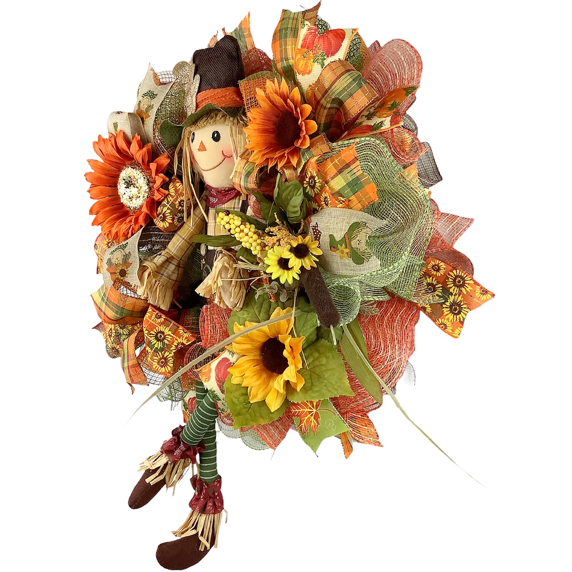 Handmade Fall Scarecrow Wreath with Sunflowers, Autumn Leaves & Bow - Rustic Front Door Decor for Autumn Season | Perfect for Thanksgiving, Halloween & Seasonal Home Decoration