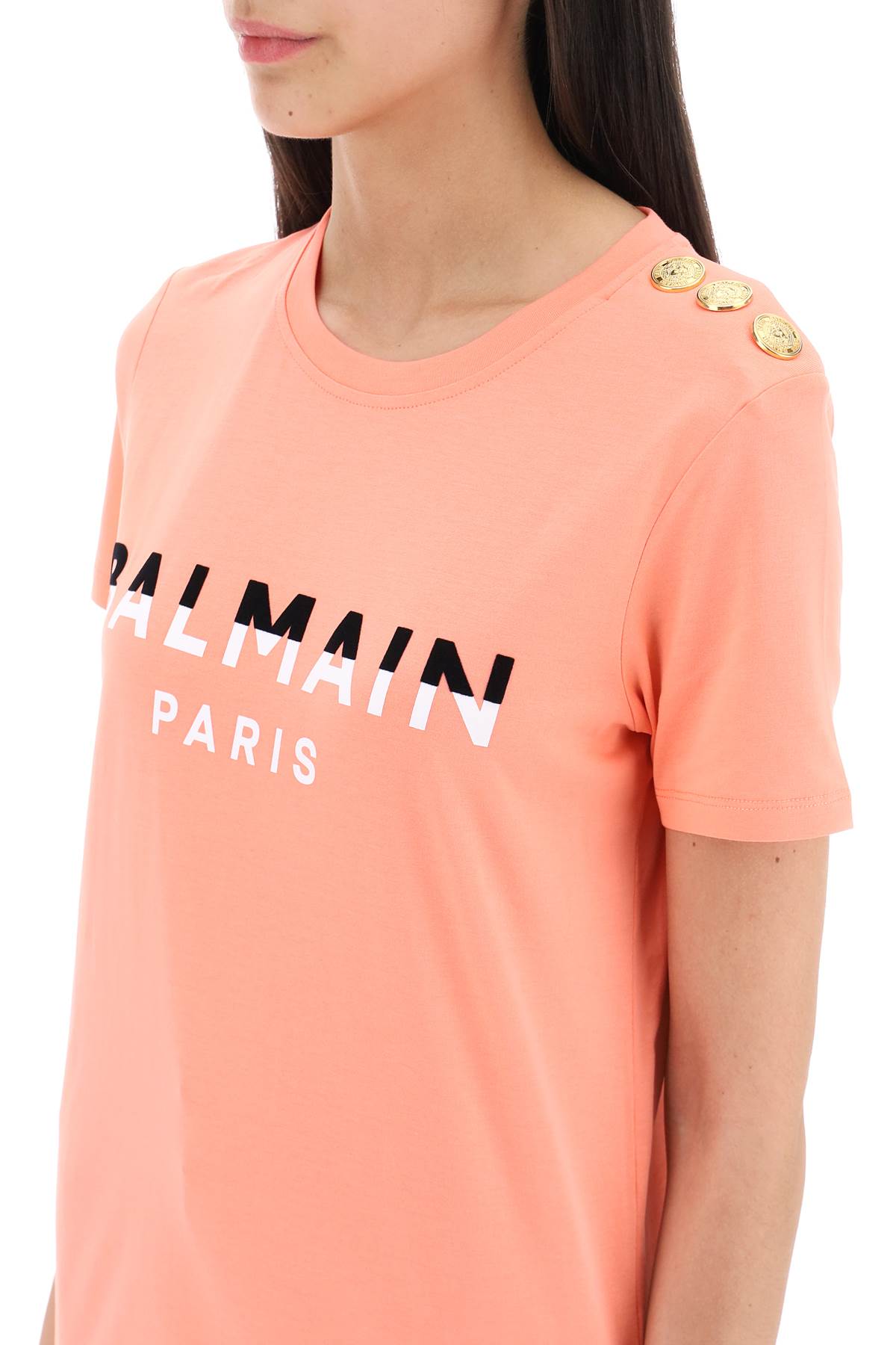 Balmain Flocked Print T-Shirt with Gold Tone Buttons - Stylish Casual Wear for Men & Women | Perfect for Parties, Outings & Everyday Fashion