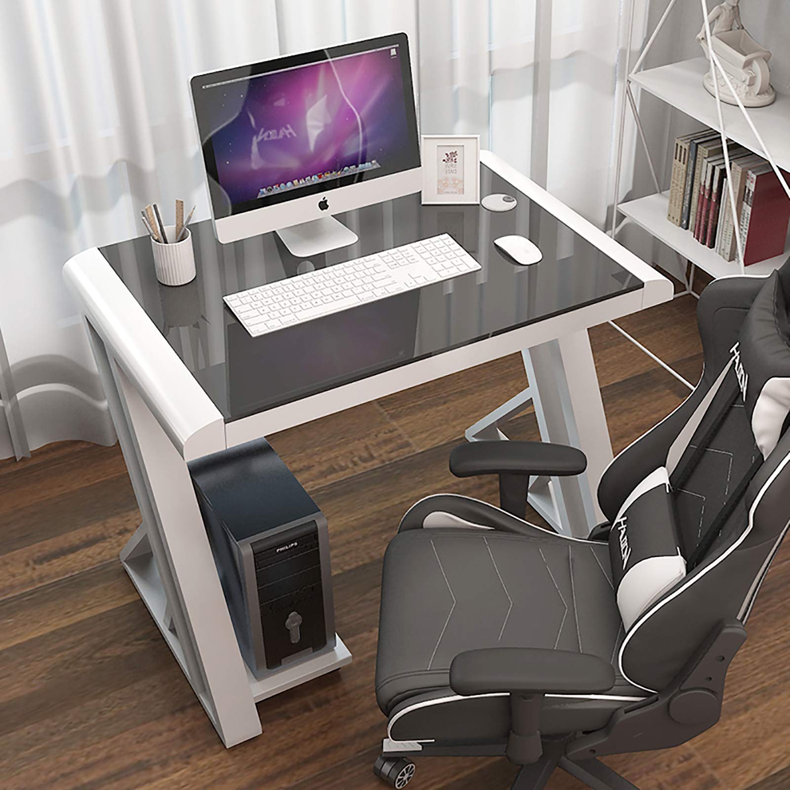 Ergonomic Glass Top Computer Desk with Metal Frame - Z-Shaped Gaming & Office Workstation for Esports, Home Office, and Writing | Perfect for Gamers, Professionals & Students