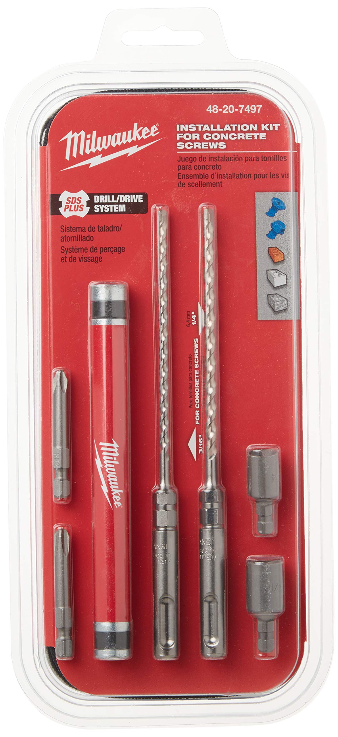 Milwaukee Electric Tool 48-20-7497 Tapcon SDS Plus Masonry Drill Bit and Anchor Installation Kit for Concrete, Brick & Block - Perfect for Construction, DIY Projects & Home Repairs