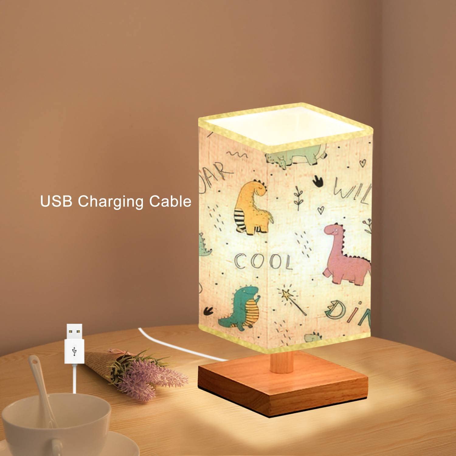 Dimmable Wooden Base Nightstand Lamp with Cute Colored Dinosaurs & Lettering - Flaxen Fabric Shade Bedside Table Lamp for Kids Room, Nursery, Bedroom & Living Room - Perfect Reading Light & Cozy Night Light for Children