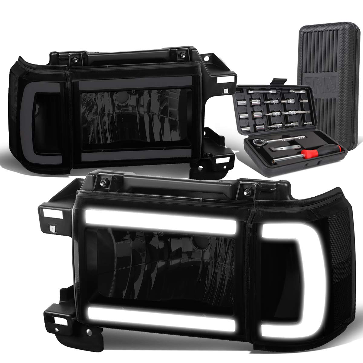 Auto Dynasty LED DRL Tinted Housing Clear Corner Projector Headlight with Bumper Lamps & Tool Kit - Compatible with Ford F150 F250 F350 & Bronco 1987-1991 Models | Upgrade Truck Lighting for Off-Road & Night Driving