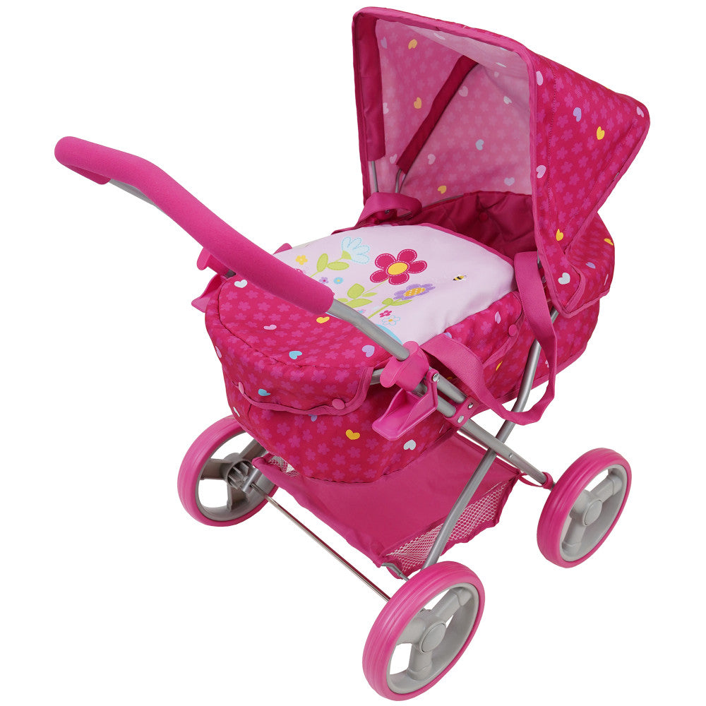 509 Garden Doll Pram with Retractable Canopy & Shopping Basket - Perfect for Outdoor Play, Pretend Tea Parties & Strolling with Baby Dolls