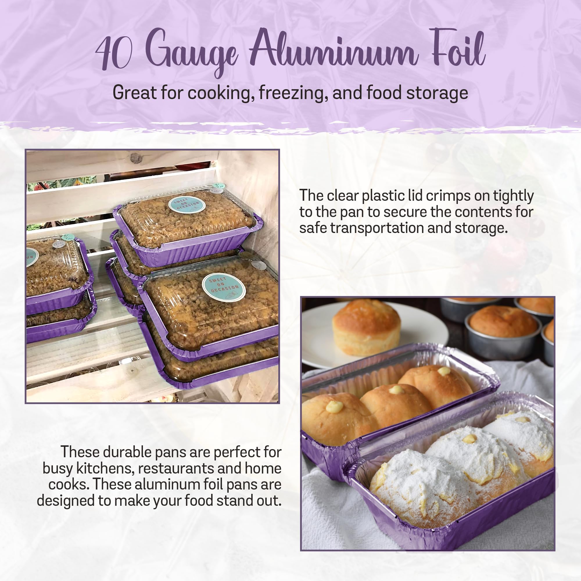 KitchenDance 1.5 lb. Heavy Duty Colored Aluminum Foil Takeout Containers with Lids - Disposable Casserole Pans for Cooking, Baking, Freezing & Food Storage - 50 Pack Purple - Perfect for Meal Prep, Party Catering & Leftovers