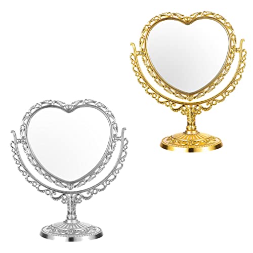 Vintage Heart Shaped Makeup Mirror - 2Pcs Retro Vanity Tabletop Mirror Set, Decorative Cosmetic Dressing Mirror for Women & Girls (Perfect for Bedroom, Bathroom, Vanity Table & Gift Giving)