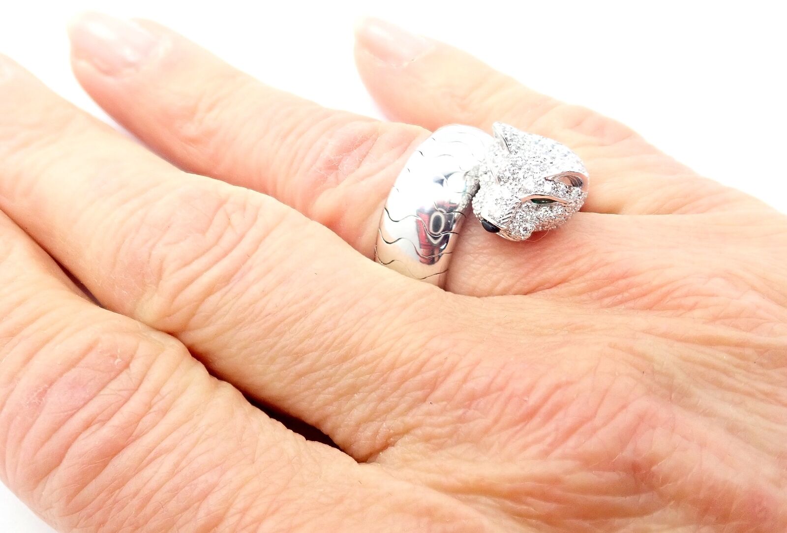 Authentic Cartier Panther 18K White Gold Diamond & Emerald Onyx Ring with Certificate - Luxury Jewelry for Women, Perfect for Weddings, Anniversaries & Special Occasions