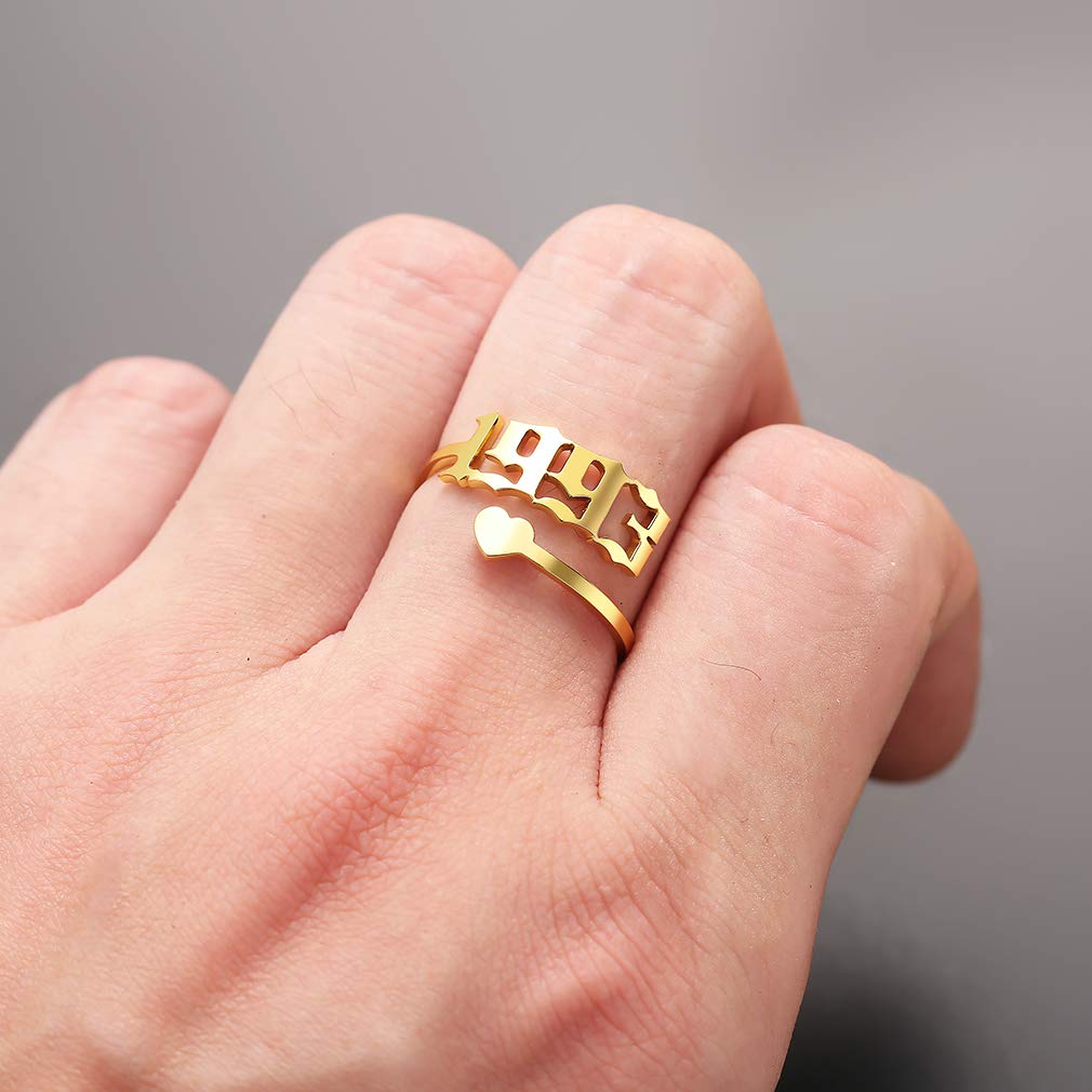 SKQIR Adjustable Initial & Birth Year Open Ring for Women - Gold/Silver Stainless Steel Promise, Engagement & Wedding Band - Delicate Jewelry Gift for Girlfriend, Wife, Anniversary - Perfect for Everyday Wear, Date Nights & Special Occasions