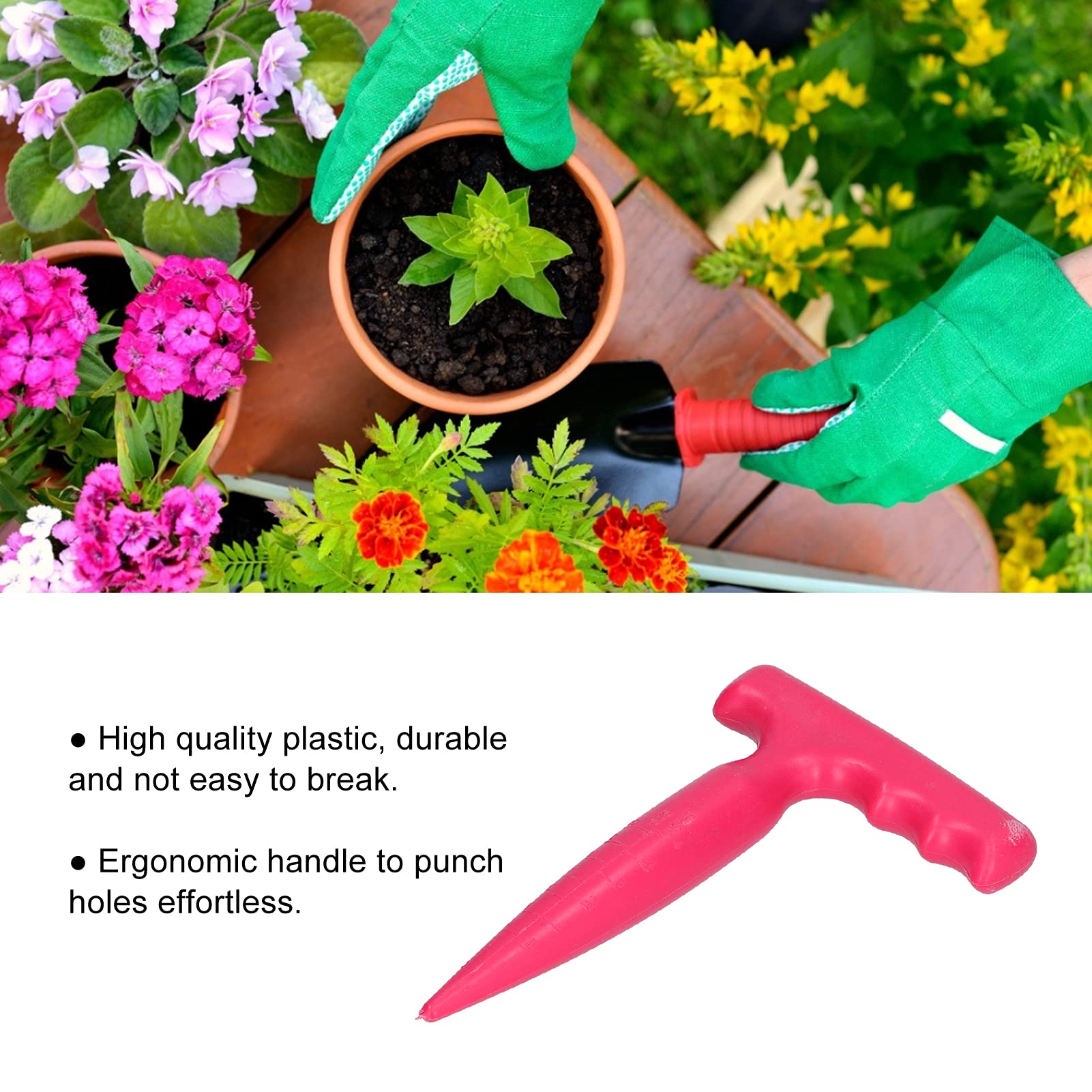 7.1x4.5in Plastic Garden Seed Planter Tool with Long Handle - Bulb Planter & Hole Digger for Seedlings, Transplanting & Planting | Perfect for Home Gardening, Flower Beds & Vegetable Patches
