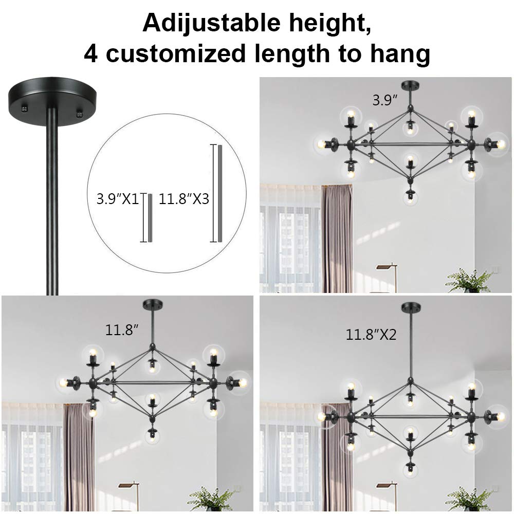 15-Light DNA Chandelier with Globe Glass Shade - Modern Black Finish Large Ceiling Light Fixture for Dining Room, Living Room, Bedroom - Perfect for Home Decor, Wedding Venues & Restaurant Lighting (D58.5)