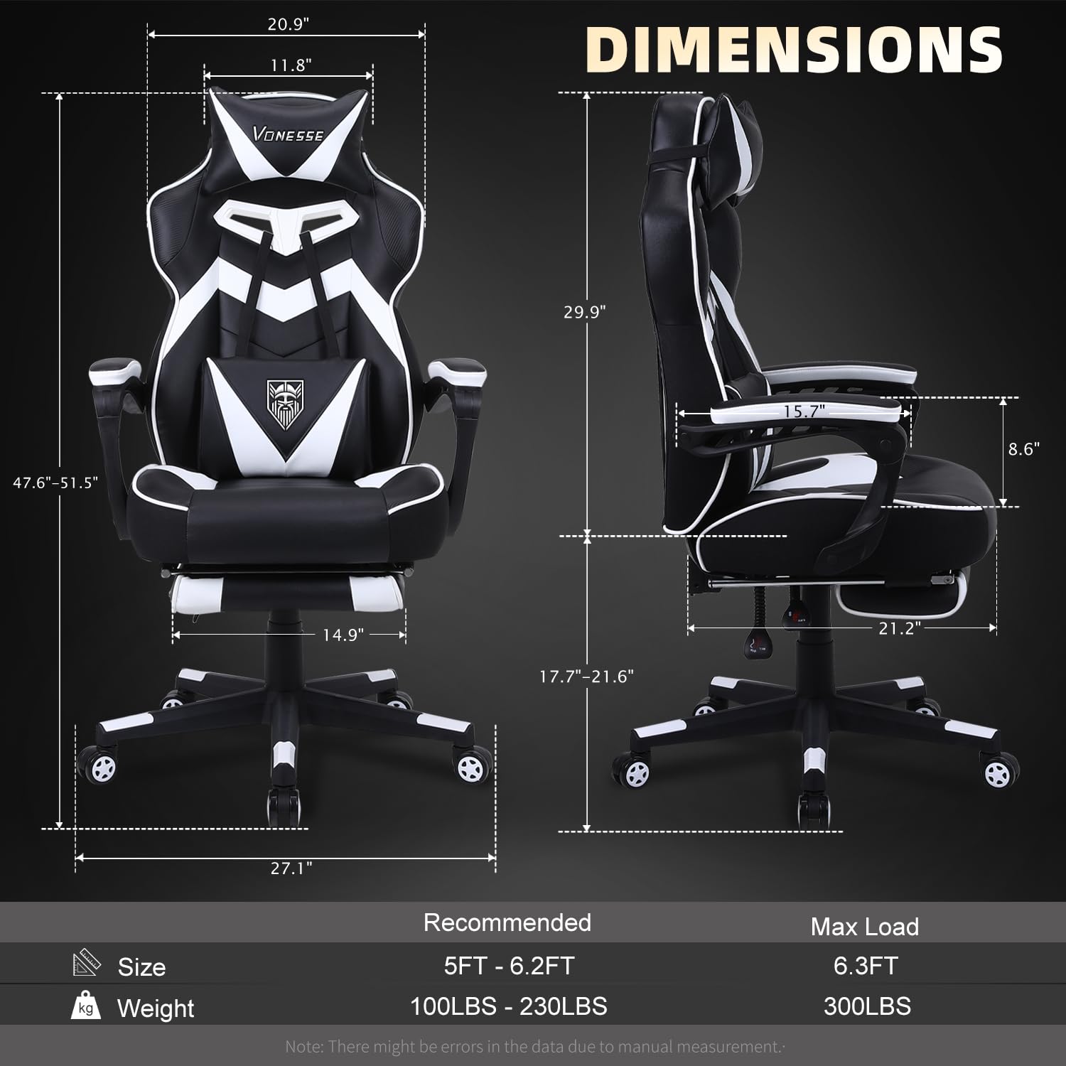 Vonesse Ergonomic Gaming Chair with Adjustable Footrest - High Back Computer Office Chair with Lumbar Massage - Reclining Big & Tall Gamer Chair for Adults (Black/White) - Perfect for Esports, Streaming & Home Office Setup