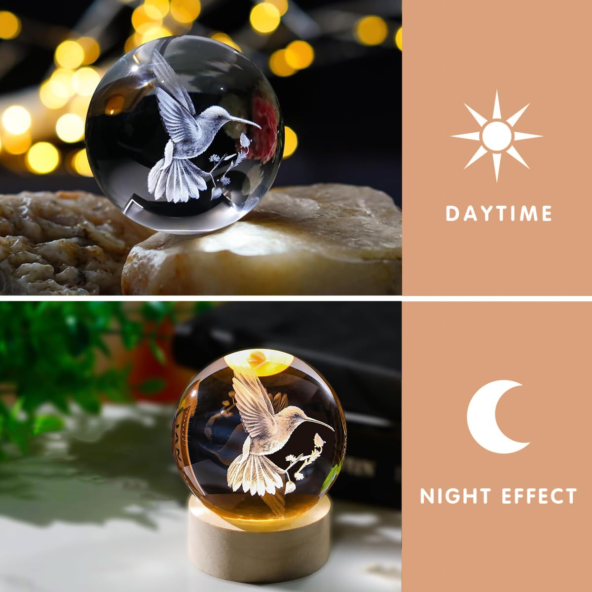 3D Laser Engraved Hummingbird Crystal Ball with LED Base - 60mm Glass Figurine Lamp, Night Light & Paperweight - Unique Home Decor Gift for Birthdays, Anniversaries (Perfect for Bedroom, Office Desk & Gift Giving)