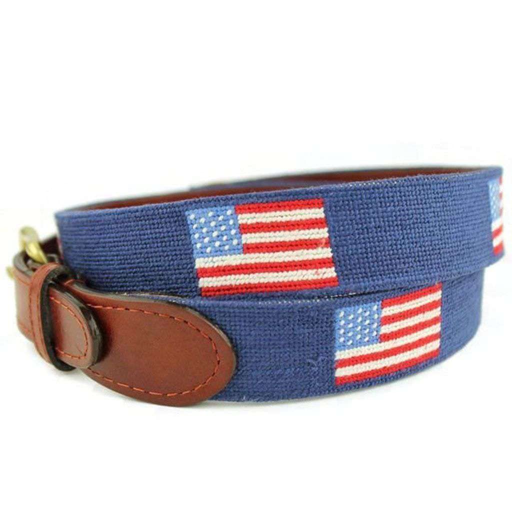 Smathers & Branson Navy Blue American Flag Needlepoint Belt - Premium Preppy Style Accessory for Men | Perfect for Golf, Boating & Patriotic Events
