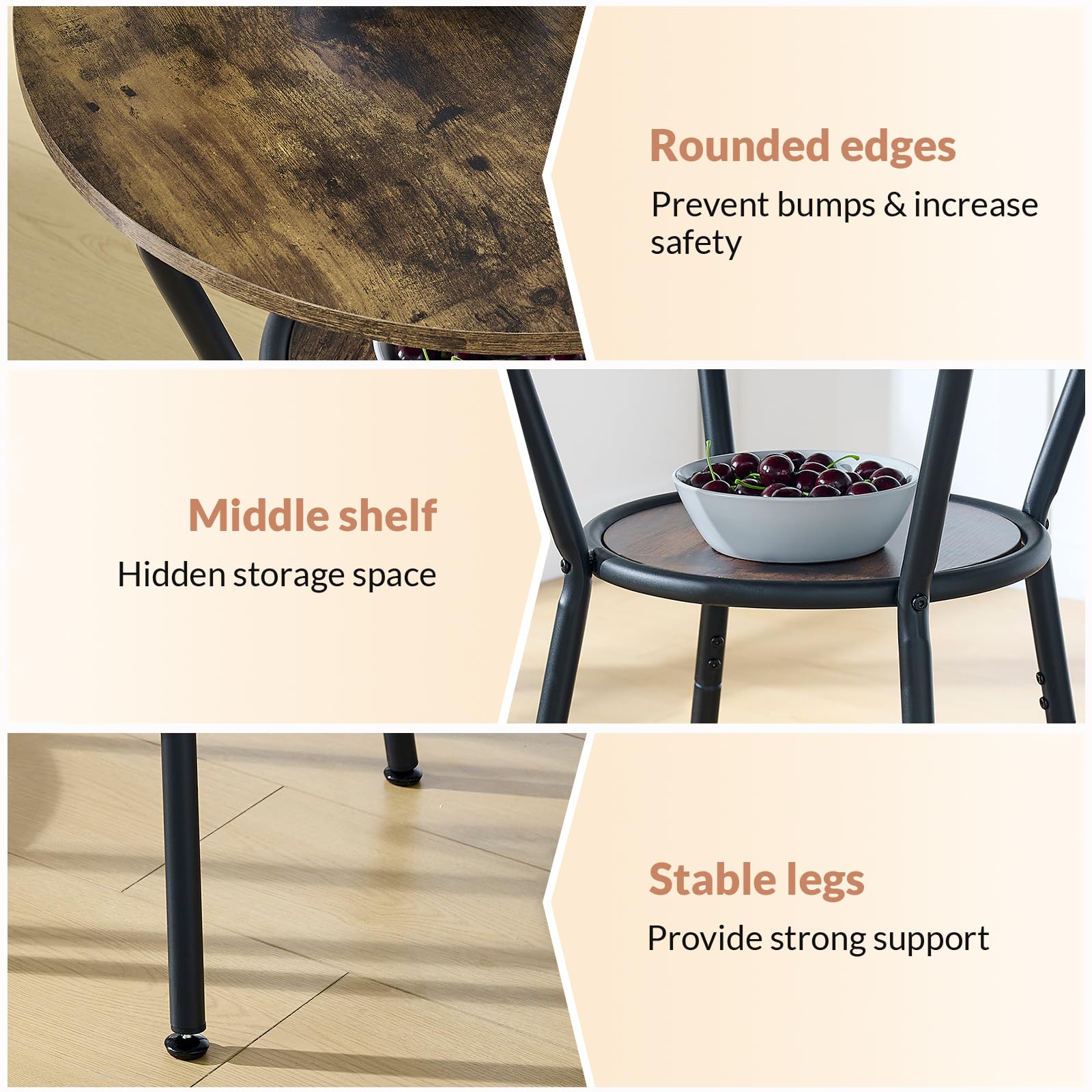 3-Piece Round Bar Table and Chair Set - Small Dining Table for 2 with 2 Upholstered Stools, Modern Kitchen Breakfast Nook Set in Rustic Brown - Perfect for Small Spaces, Apartments, Kitchen Nooks & Bistro Dining
