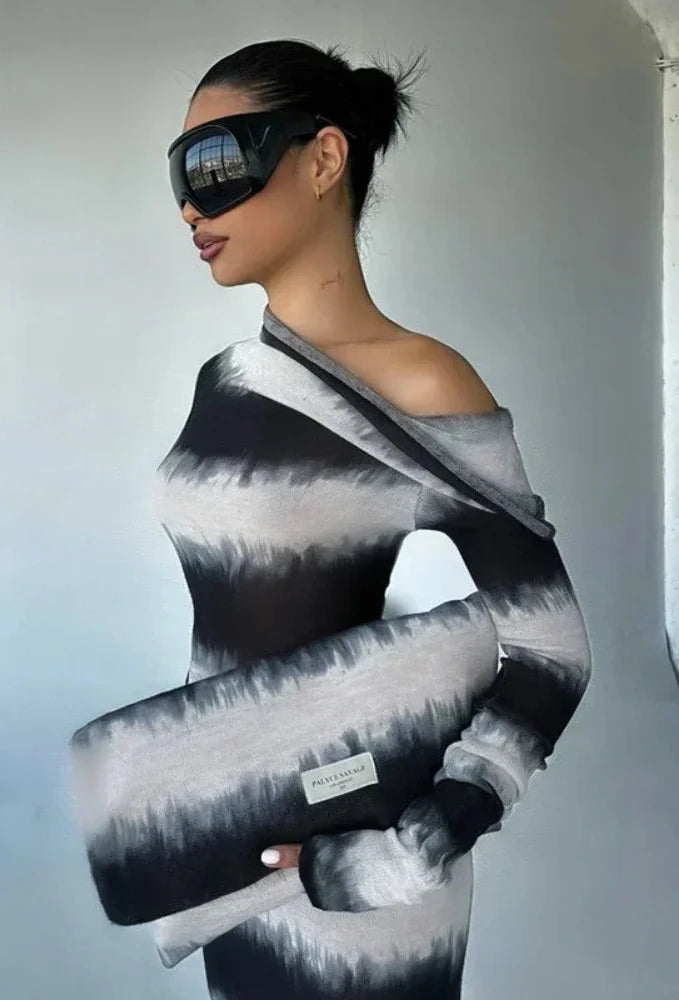 Black and White Striped Asymmetrical One Shoulder Long Sleeve Maxi Dress | Fall 2024 Fashion Women's Outfits | Elegant Evening Wear & Special Occasion Dress