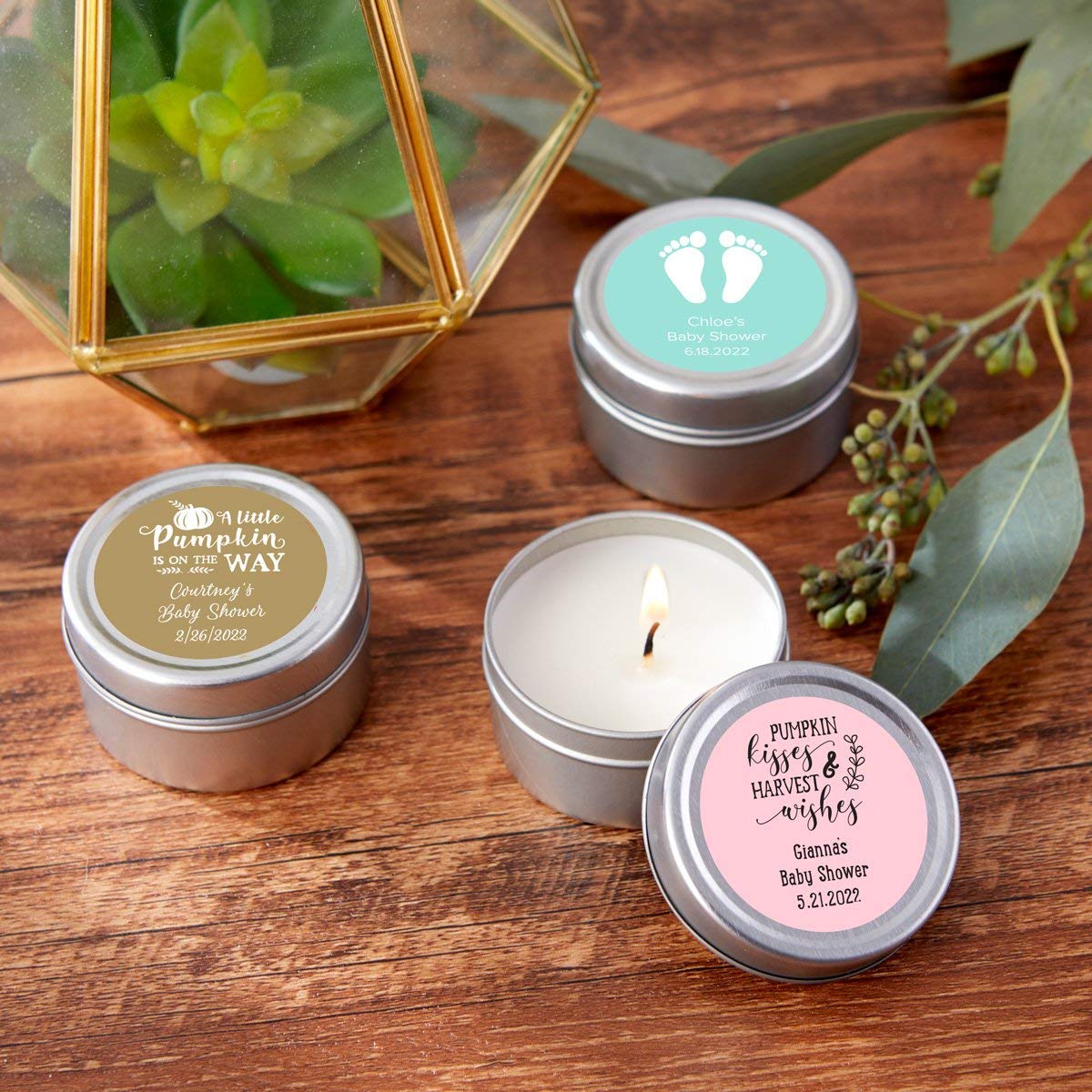 Kate Aspen Personalized Travel Candle Tin - 72PCS Custom Baby Shower Favors with Round Sticker Design - Perfect for Baby Showers, Bridal Showers & Wedding Decor Gifts