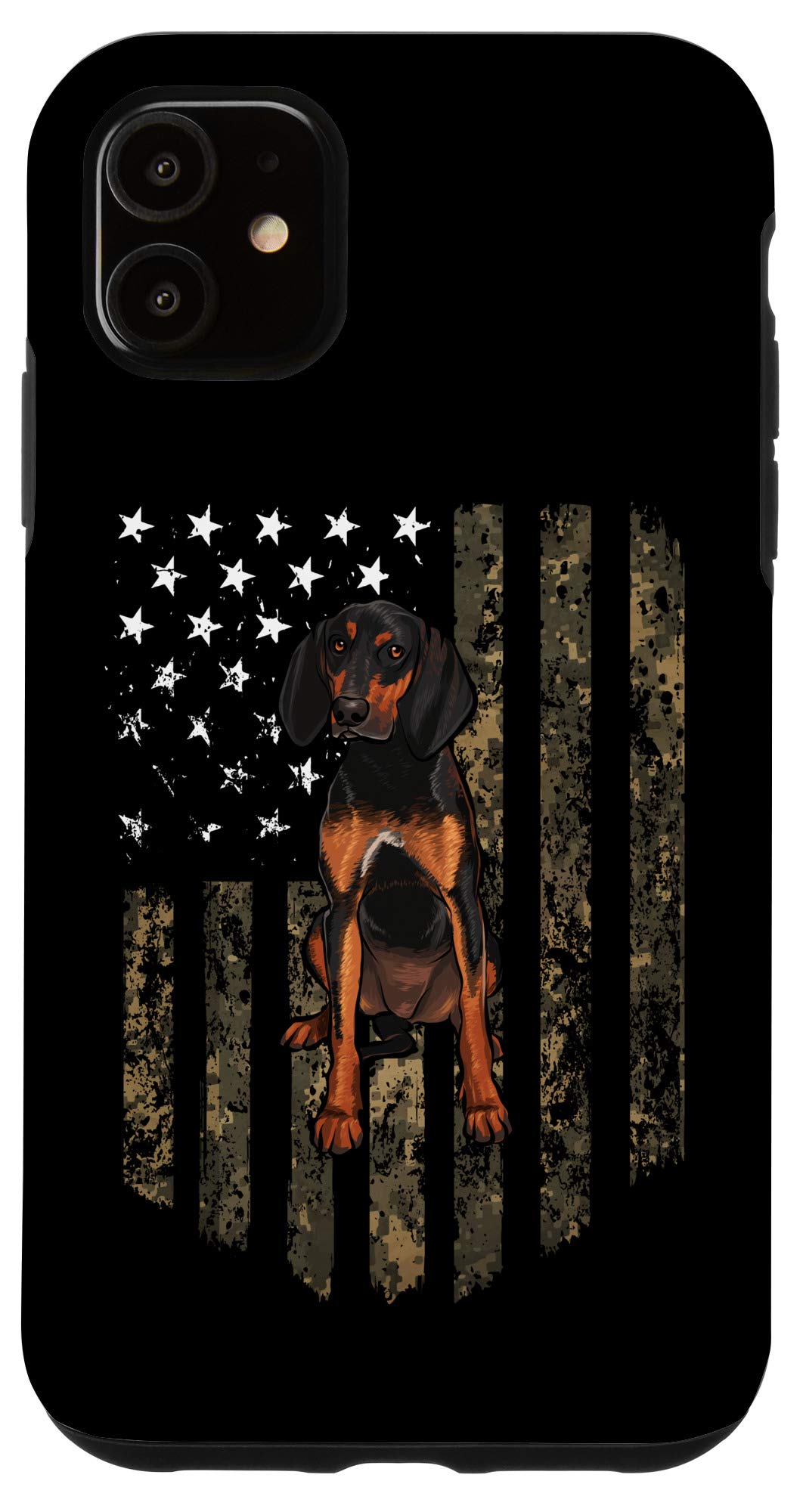 iPhone 11 Case - Camouflage American Flag Design with Black & Tan Coonhound - Patriotic 4th of July USA Phone Cover | Perfect for Independence Day, Veterans Day & Patriotic Events