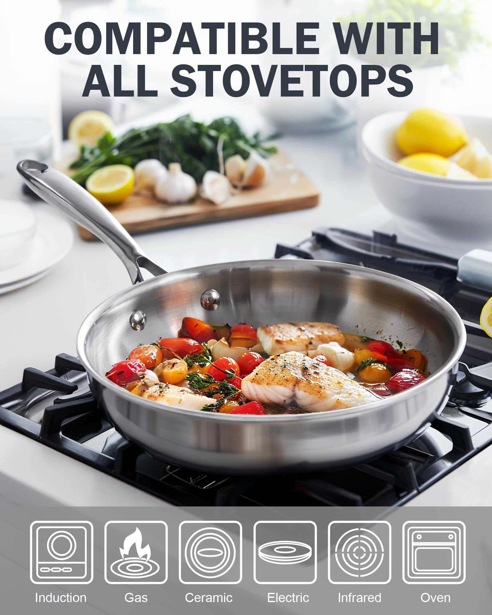Premium 12-Inch Stainless Steel Frying Pan - Multi-Ply Clad Wok Skillet with Glass Lid & Stay-Cool Handle - Oven & Dishwasher Safe (500°F) - Ideal for Stir-Frying, Sautéing & Professional Cooking - Perfect for Home Chefs & Restaurant Use