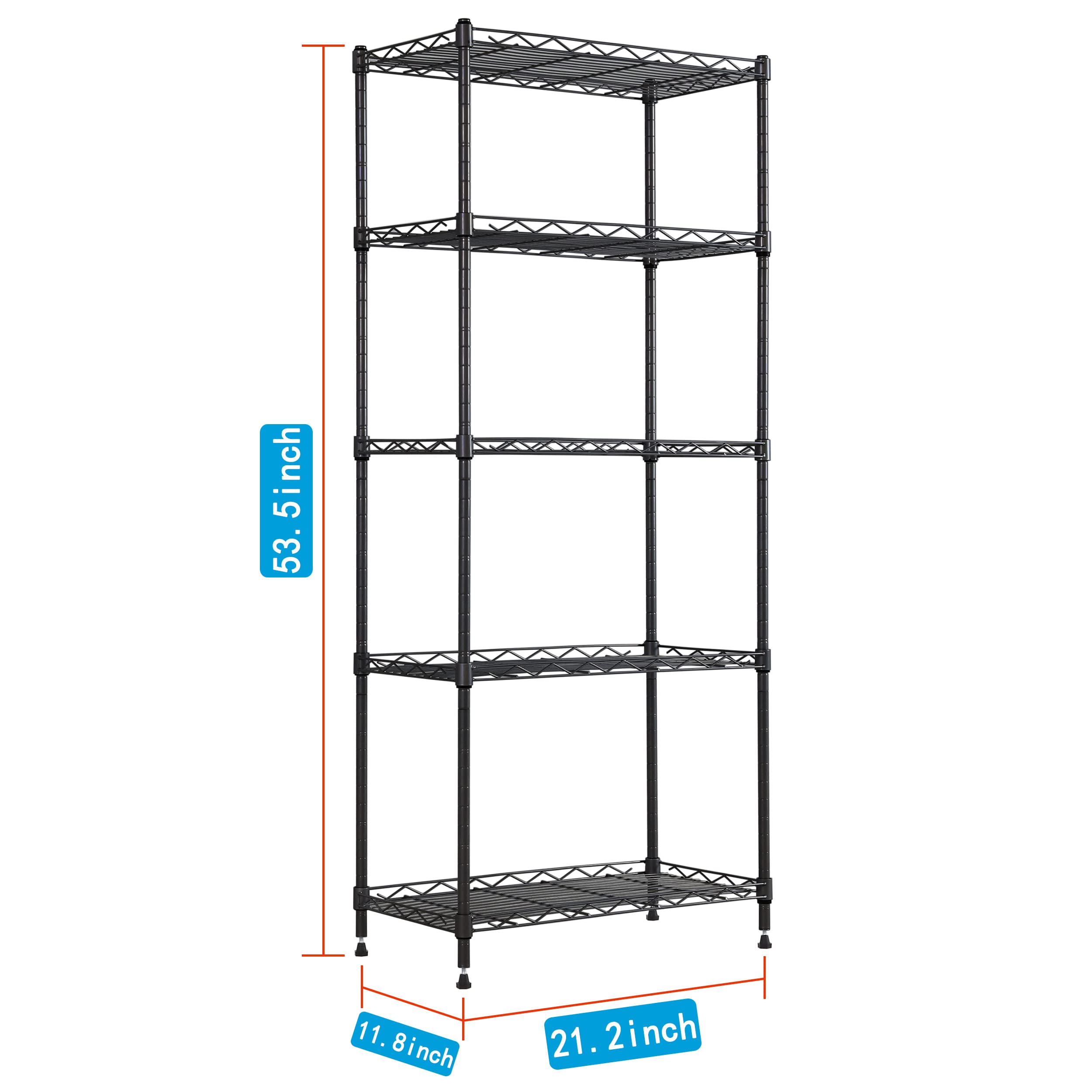 REGILLER 5-Tier Adjustable Metal Wire Shelving Unit - Heavy Duty Storage Rack for Laundry, Bathroom, Kitchen, Pantry & Closet Organization (Black, 11.8