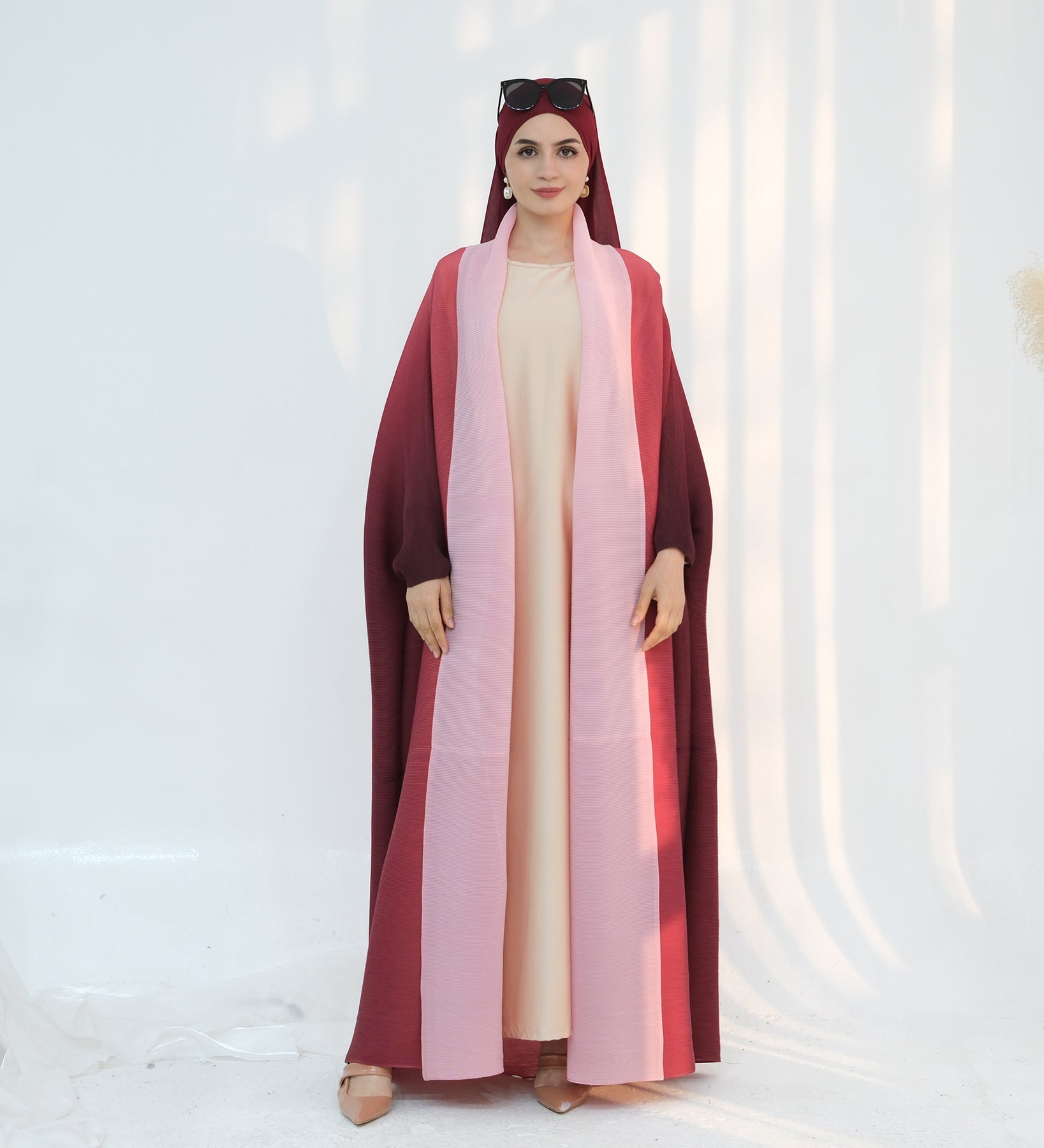 Elegant Kenyat Pleated Ombre Kimono Open Abaya - Pink Flowy Cover-Up for Women | Perfect for Beach, Boho Fashion & Special Occasions