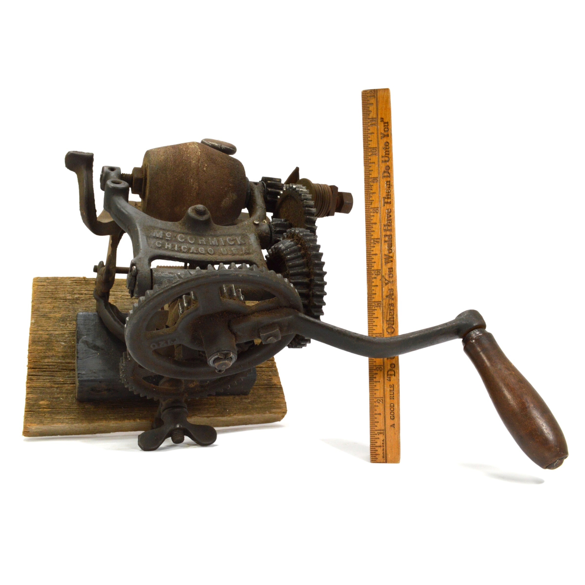Antique McCormick Sickle Blade Sharpening Gear Crank Stone Grinder - Vintage Farm Tool for Sharpening Blades - Perfect for Collectors, Steampunk Decor & Agricultural Restoration Projects