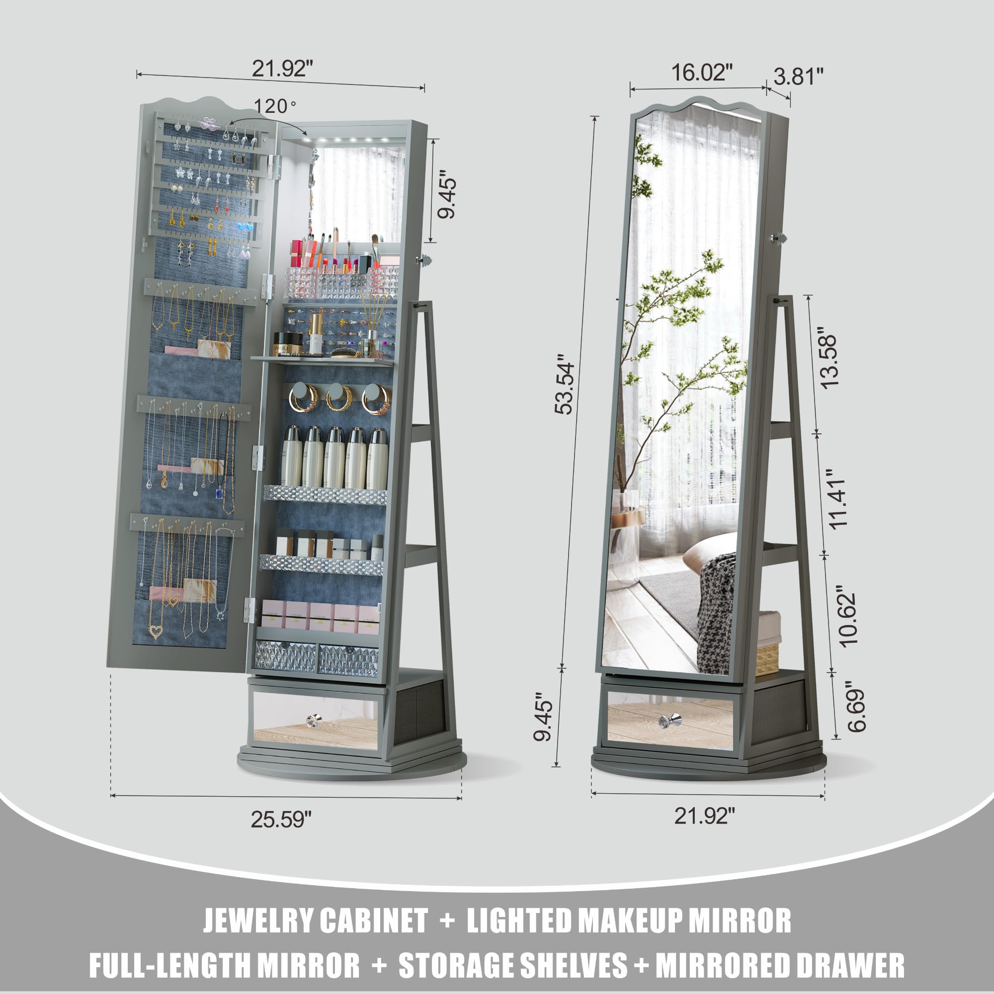 360° Swivel Full-Length Mirror Jewelry Cabinet with LED Lights - Large Capacity Standing Armoire with Built-in Storage, Shelves & Drawer - Perfect for Bedroom, Dressing Room & Closet Organization (Gray)