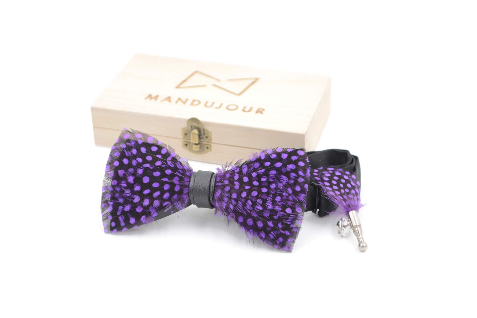 Handmade Elegant Purple & Black Feather Bow Tie & Lapel Pin Set for Groomsmen - Perfect for Weddings, Prom, Formal Events & Special Occasions