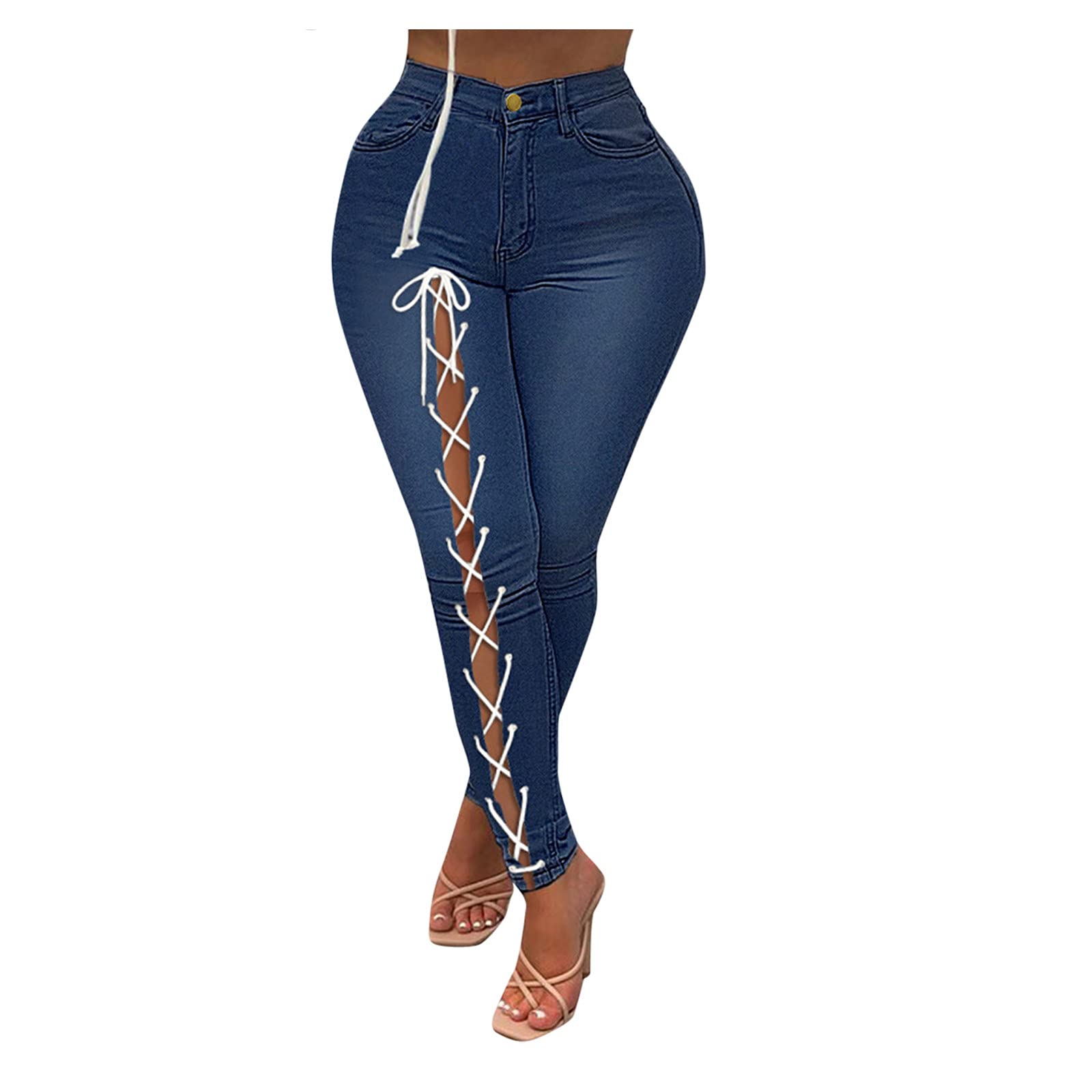 Slimming High Waisted Stretch Skinny Jeans for Women - Pull On Design with Lace Up & Distressed Details - Perfect for Casual Wear, Date Nights & Office Outfits