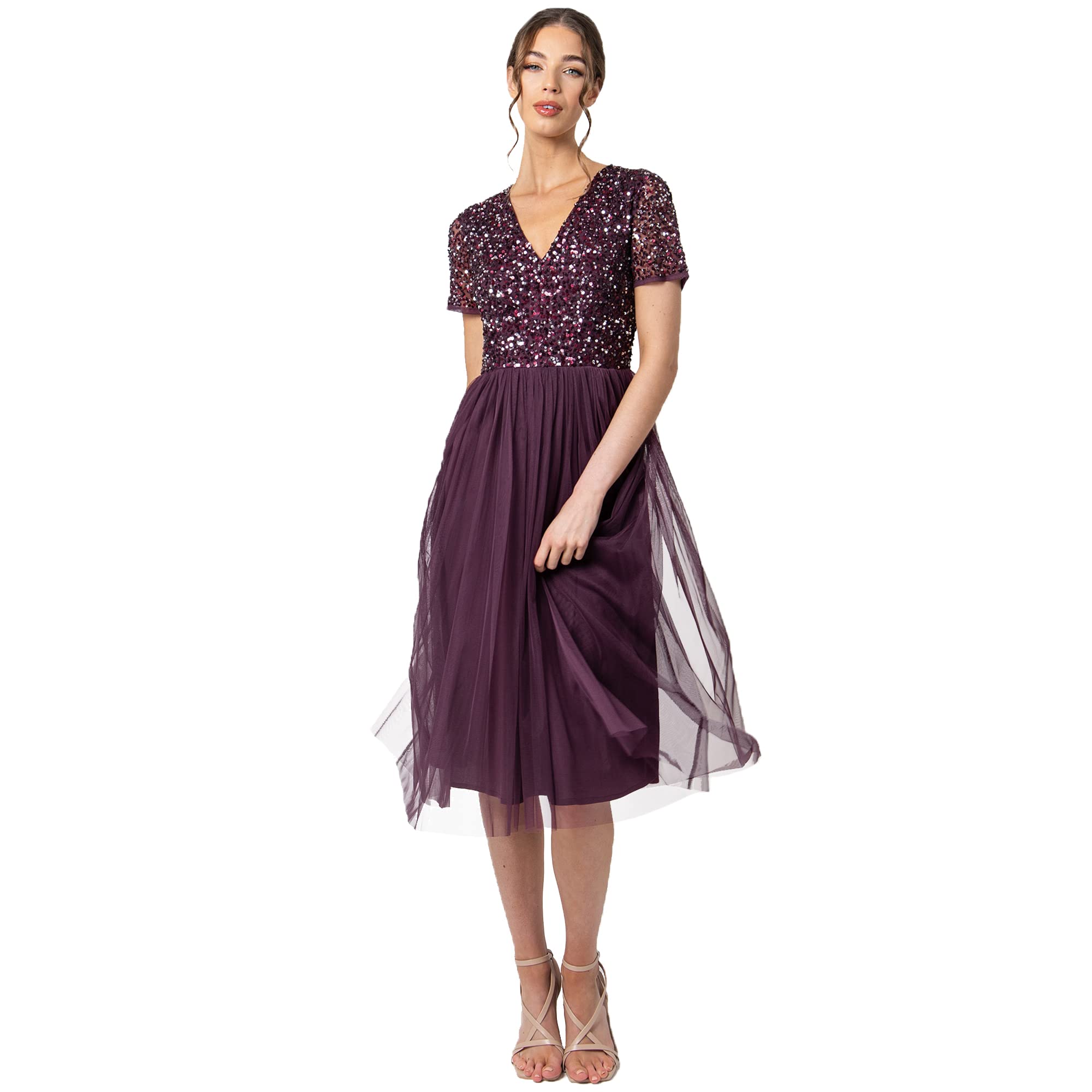 Maya Deluxe Women's V-Neck Midi Bridesmaid Dress with Elegant Decorations - Perfect for Weddings, Formal Events & Special Occasions