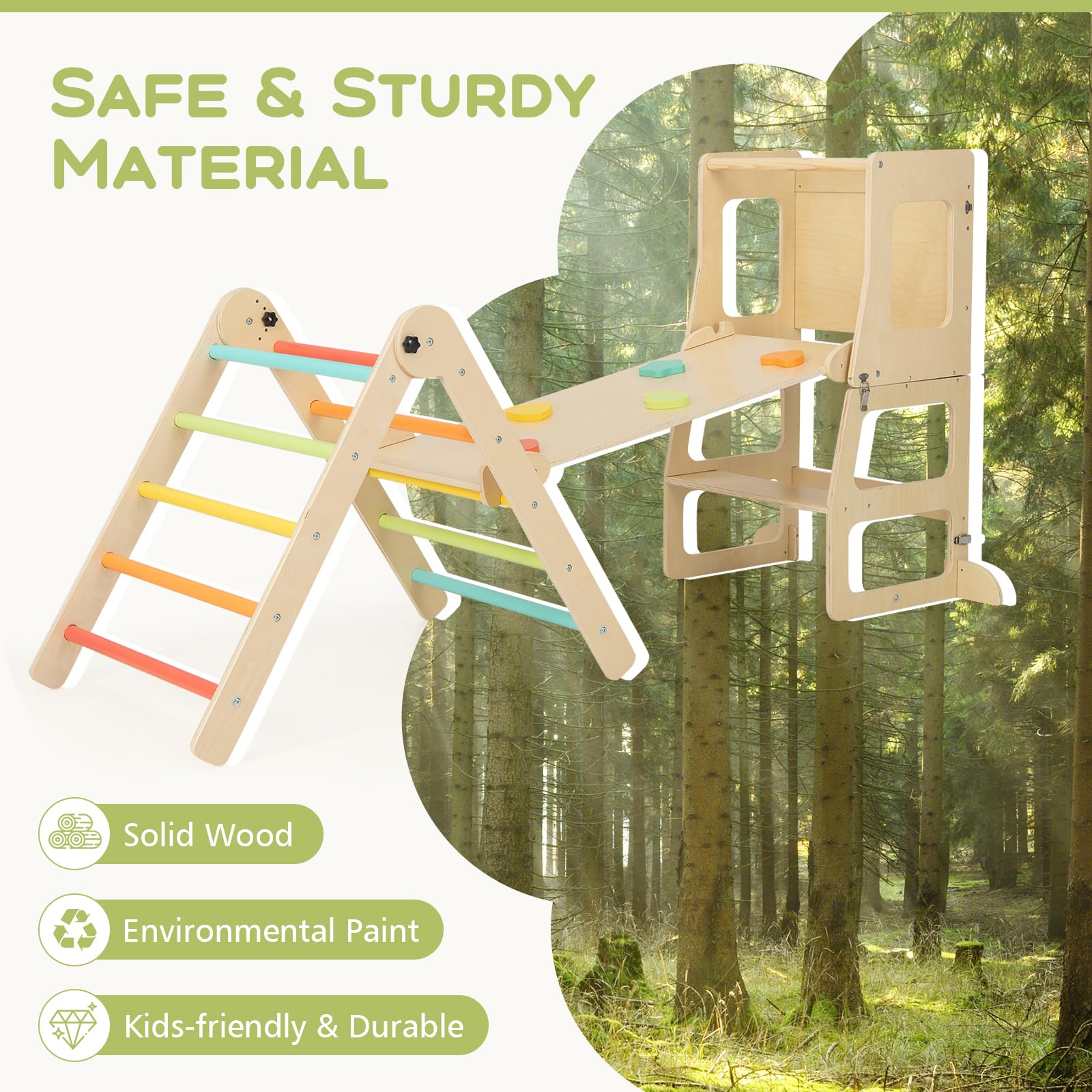 OLAKIDS 7-in-1 Foldable Wooden Pikler Montessori Climber Set for Toddlers - Adjustable Angle Ladder, Ramp, Slide & Toddler Tower - Indoor Jungle Gym Playset for Home Playrooms, Daycares & Montessori Classrooms