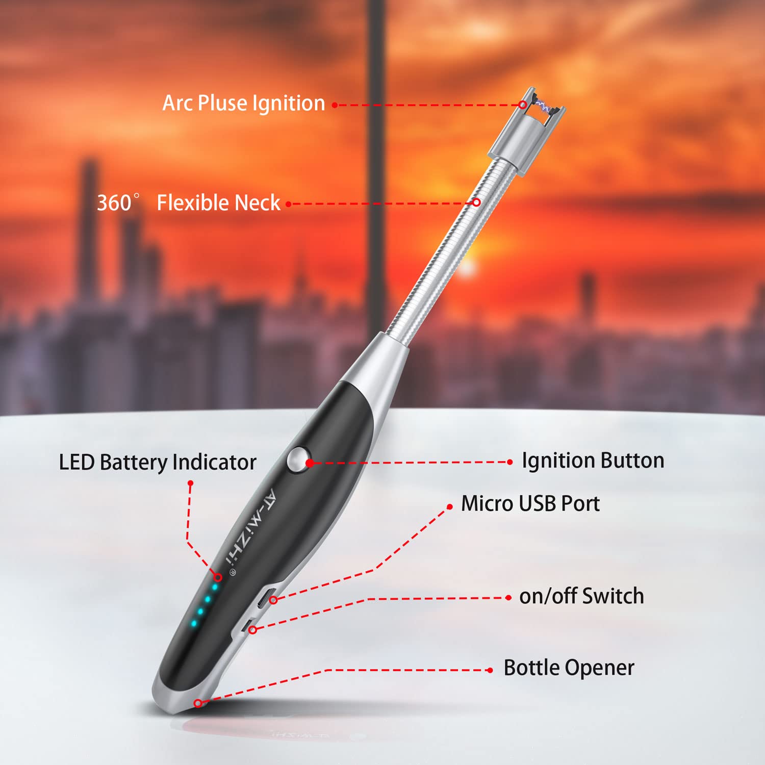 Rechargeable USB Plasma Arc Candle Lighter with LED Flashlight & Battery Display - Electric Long Neck Lighter for Candles, Camping, BBQ, Fireplace & Home Use