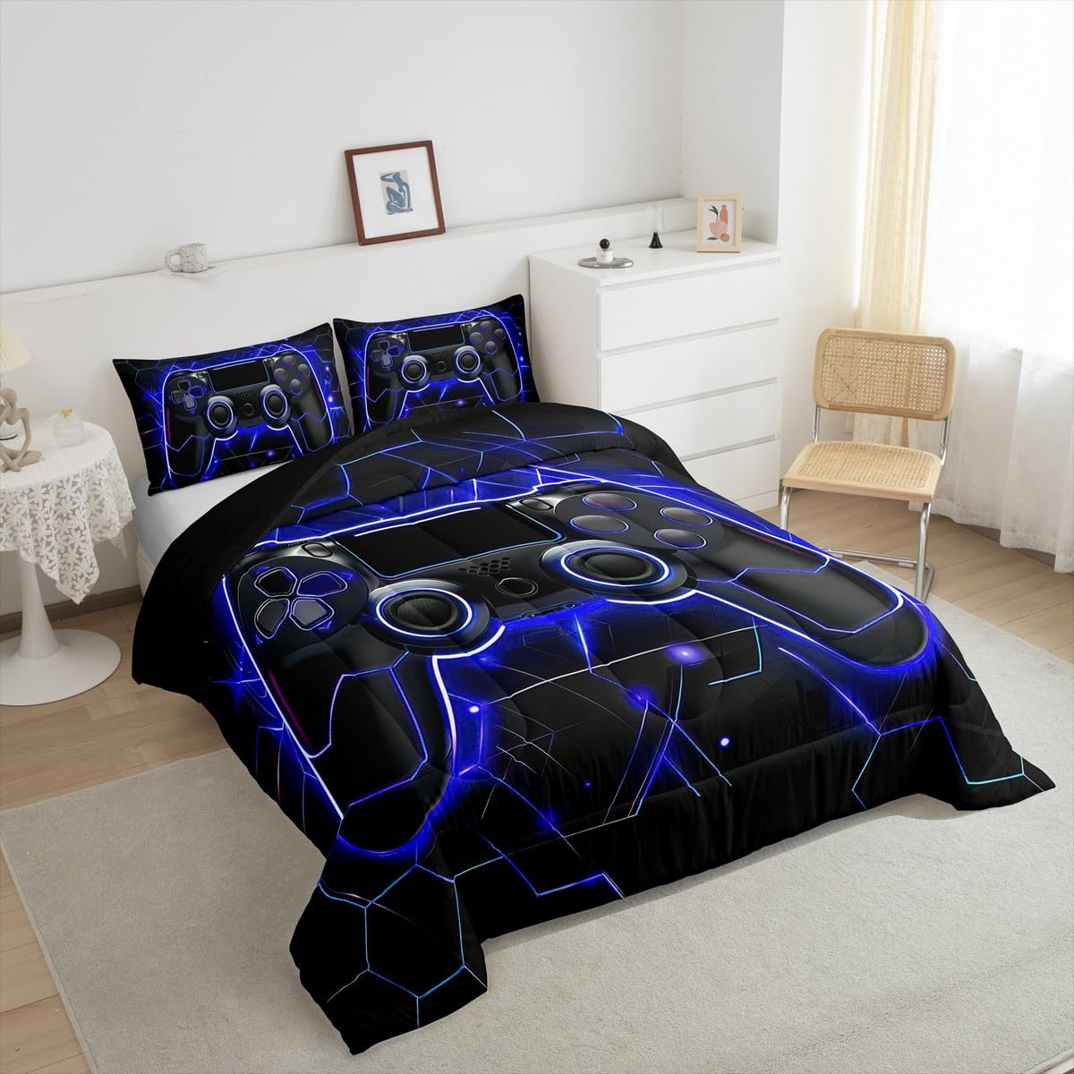 Gaming Comforter Set for Boys - Neon Lights Gamepad Bed Quilt for Teen Bedroom Decor