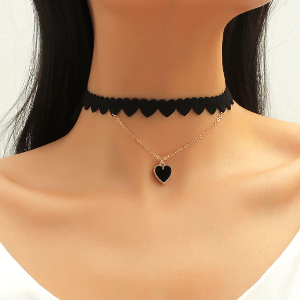 Evil Layered Choker Necklace with Black Heart Pendant - Gothic Short Necklace for Women - Perfect for Halloween, Tattoo Parties, Goth Fashion & Dark Aesthetic Outfits