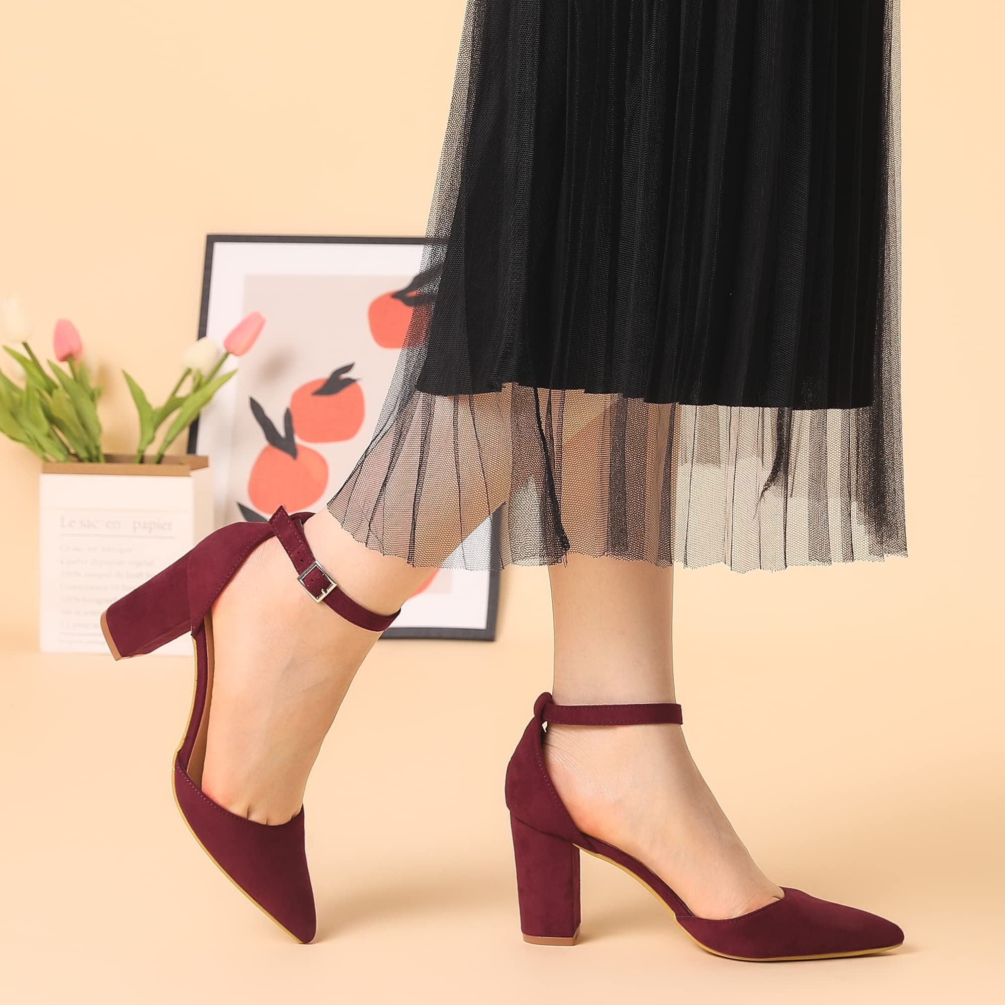 Allegra K Women's Ankle Strap Pointed Toe Block Heel Pumps - Elegant Dress Shoes for Office, Party & Special Occasions