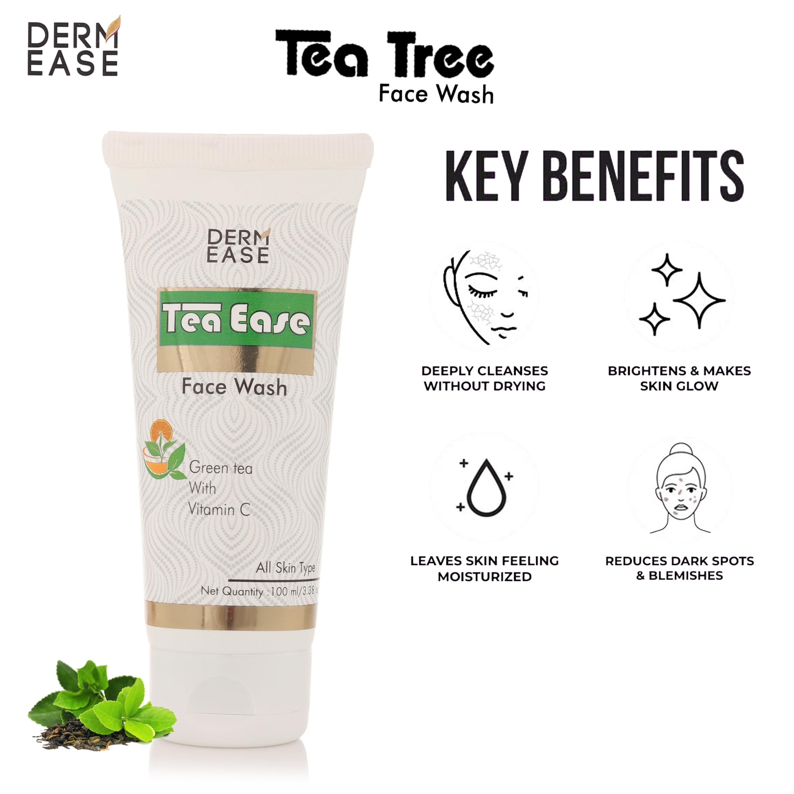 Derm Ease Tea Ease Face Wash - Gentle Cleanser for Acne & Sensitive Skin | Daily Skincare Routine for Clear & Glowing Complexion | Perfect for Morning & Night Use
