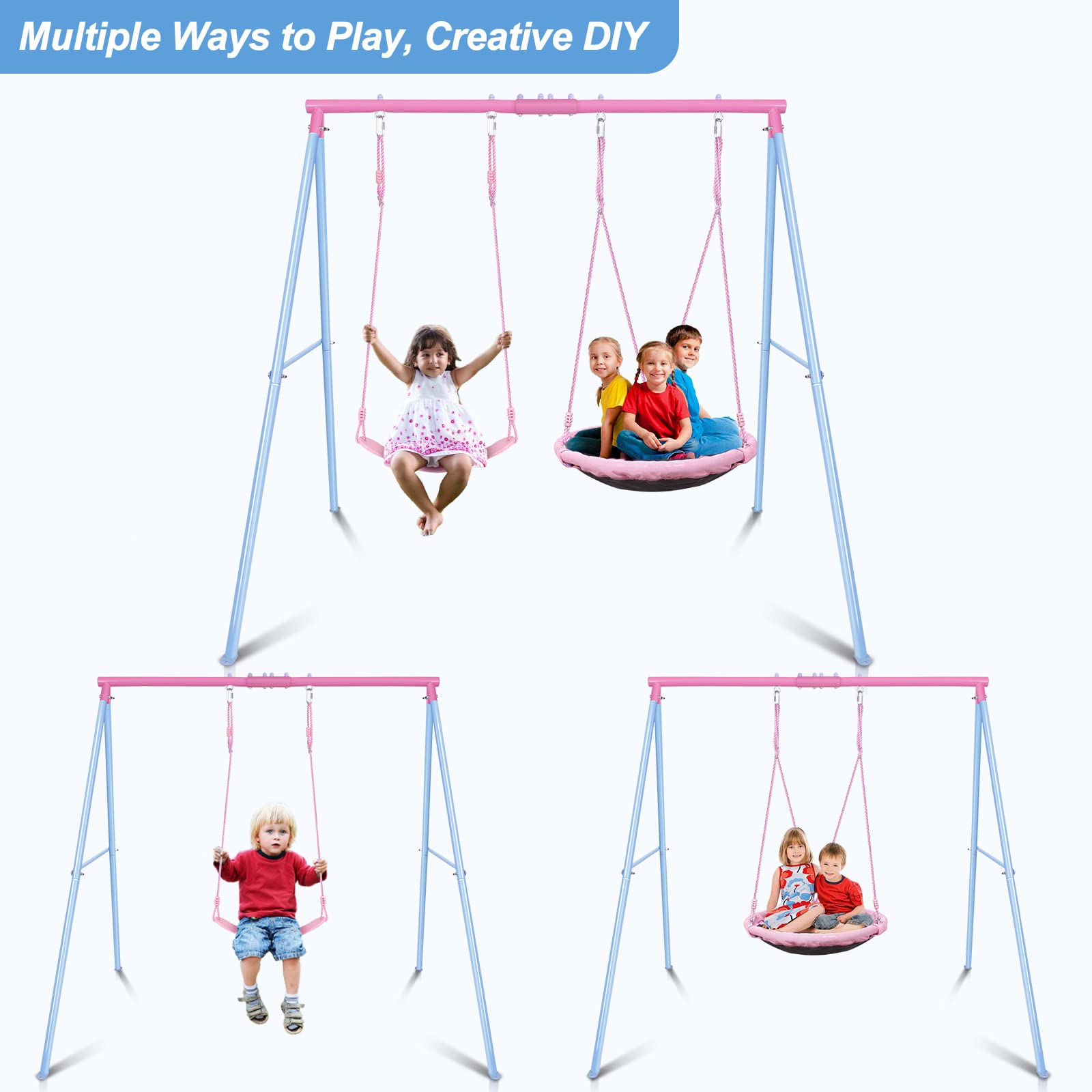 Heavy-Duty A-Frame Metal Swing Set with 440lbs Capacity - Includes 1 Saucer & 1 Belt Swing Seat for Backyard, Playground & Outdoor Fun - Pink Color for Kids' Play Area