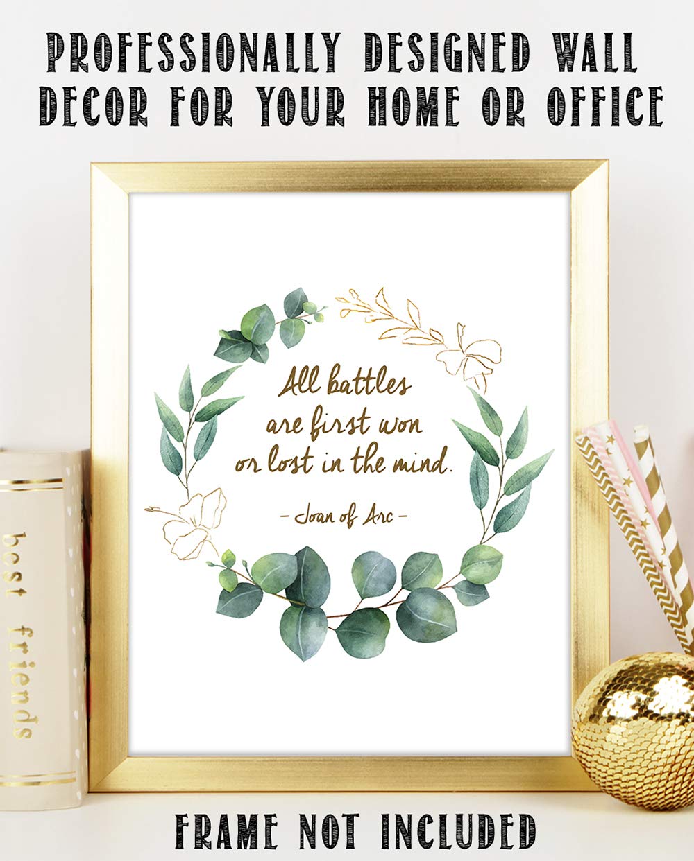 TJ Originals - 'All Battles Are First Won or Lost in the Mind' Joan of Arc Christian Bible Quote Wall Art Print, 11 x 14 Inches, Inspirational Home & Office Decor, Hibiscus Wreath Design – Perfect Gift for Family, Friends, Bible Study Groups & Faith-Based Spaces