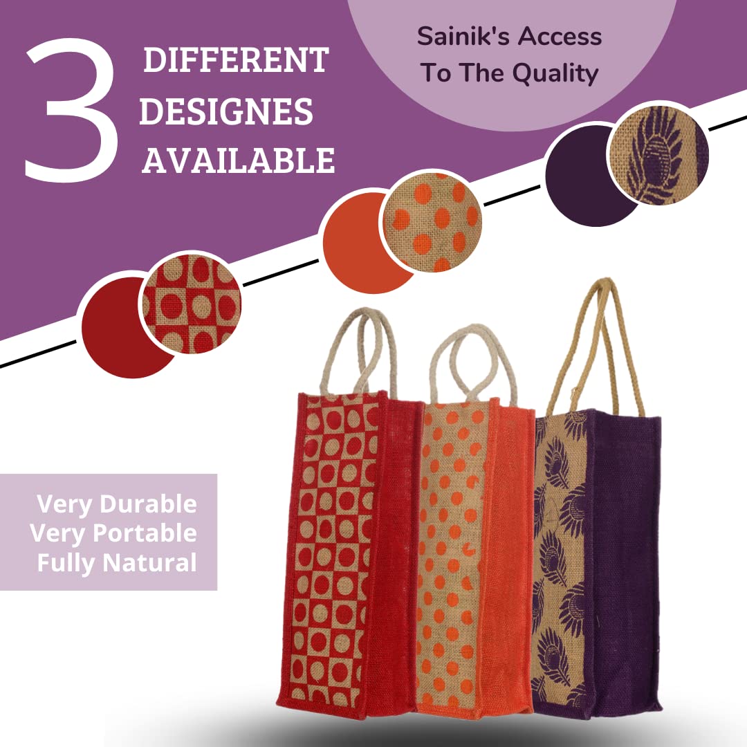 Premium Jute Lunch Bags for Men - Eco-Friendly Zip Closure Tote & Water Bottle Bags - Medium Size Printed Jute Carry Bag (Pack of 3) - Perfect for Work, Picnics & Sustainable Shopping