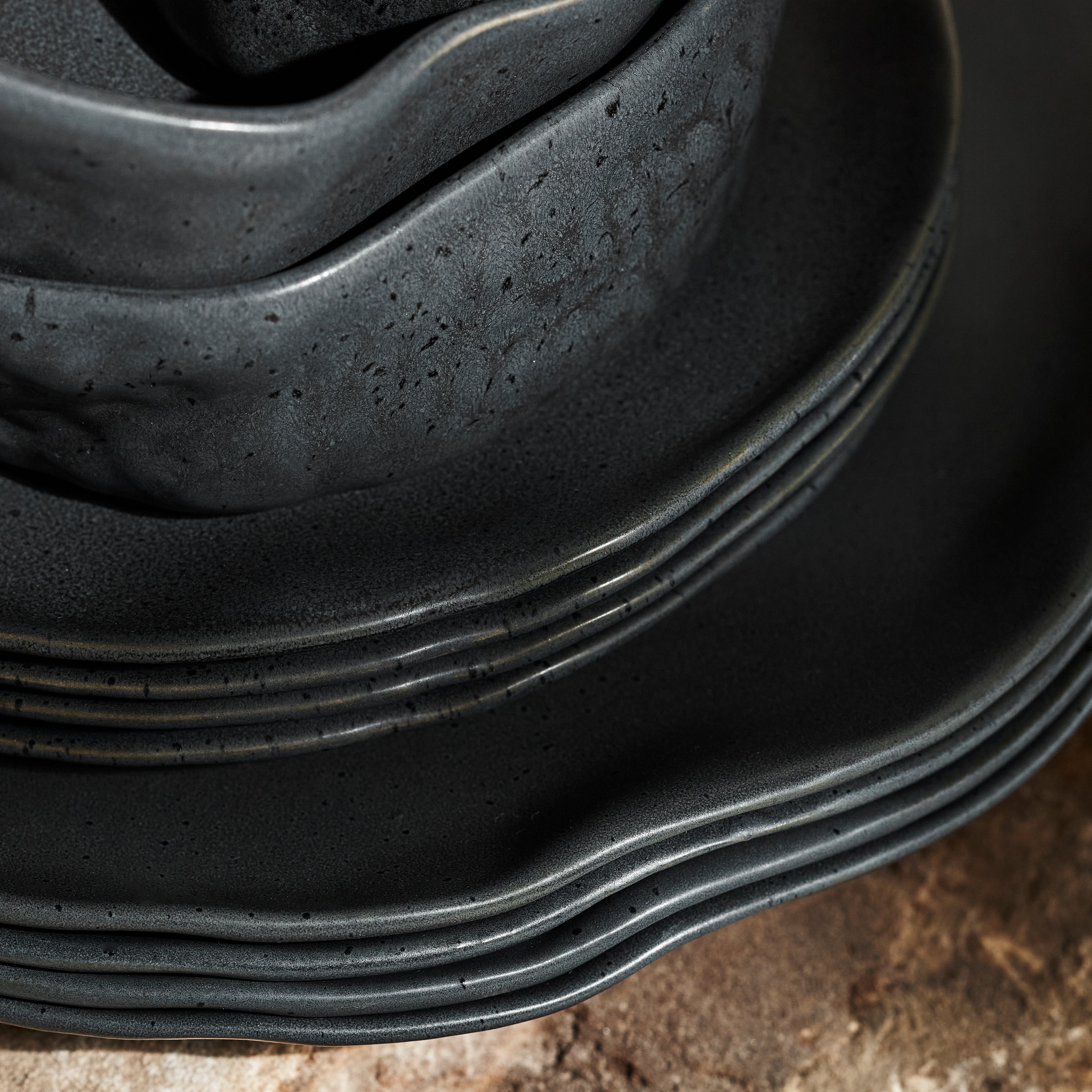 Premium Atik Stoneware Dinnerware Set - Charcoal Black Speckled Ceramic Plates & Bowls for Everyday Dining & Entertaining