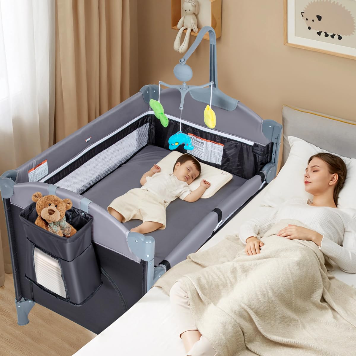 ANNA QUEEN 5-in-1 Baby Bassinet & Playard with Mattress, Toys & Music Box - Portable Foldable Crib for Travel, Nursery, Bedside Sleeping - Ideal for Newborns, Infants, Boys & Girls - Perfect for Home, Daycare & Family Trips