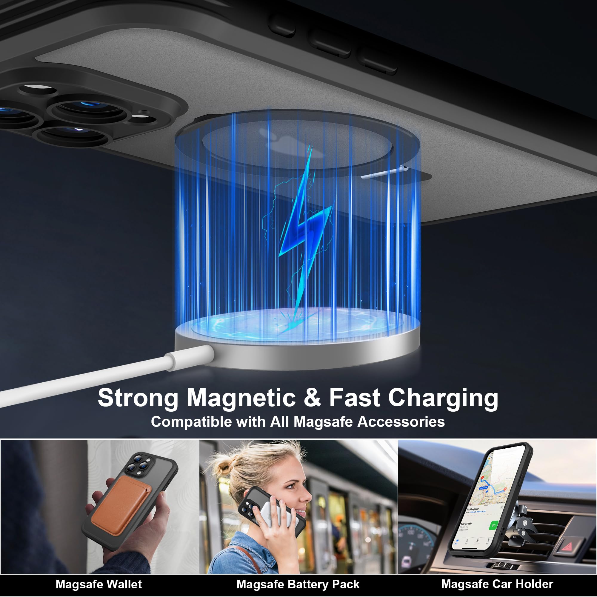 Magnetic Shockproof iPhone 15 Pro Max Case with Invisible Stand | MagSafe Compatible Translucent Matte Cover | Built-in Screen Protector for Men & Women | Perfect for Work, Travel & Outdoor Activities - Black