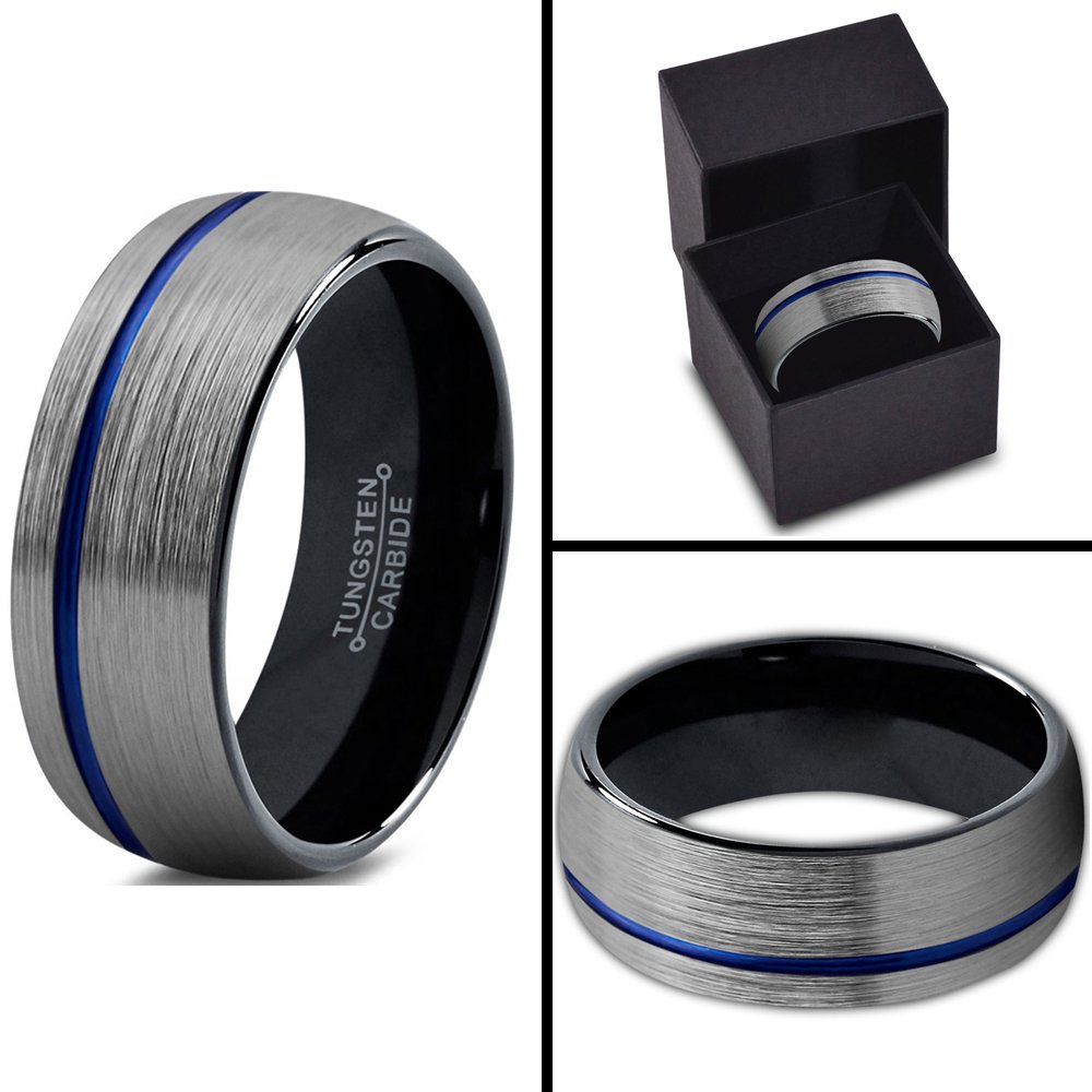 Premium Tungsten Carbide Wedding Band Ring for Men & Women - 10mm Blue & Black Offset Line, Dome Grey Exterior, Brushed & Polished Finish - Custom Engraving for Anniversary & Engagement - Perfect for Everyday Wear, Special Occasions & Gift Giving