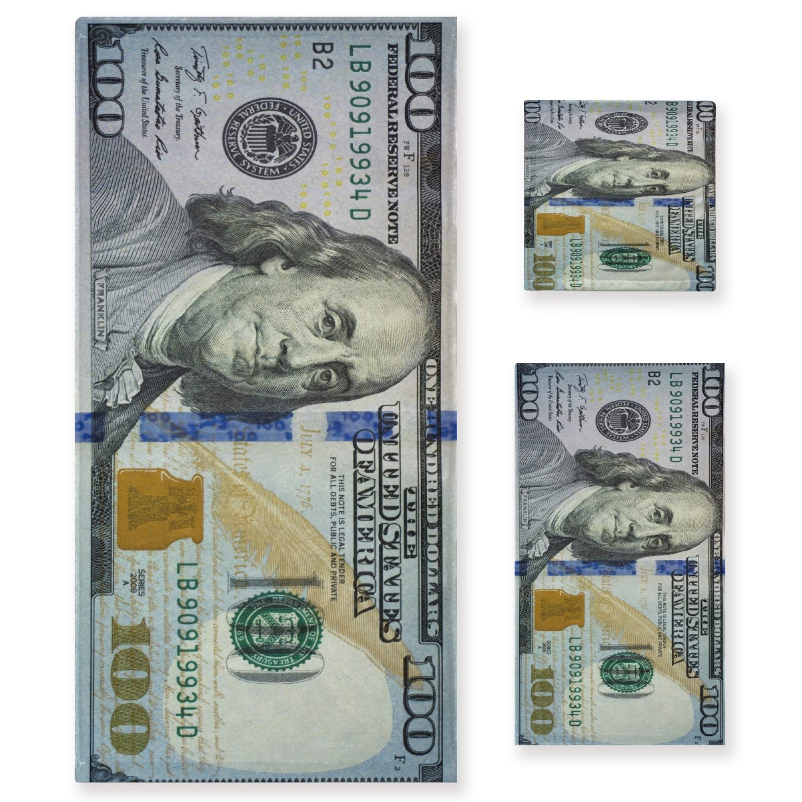 ALAZA 100 Dollar Bill Print Luxury Bath Towel Set - 3 Piece Decorative Set (1 Bath Towel, 1 Hand Towel, 1 Washcloth) - Ultra Soft & Absorbent for Bathroom, Hotel, Gym, Yoga & Spa - Perfect Gift for Money Lovers & Home Decor