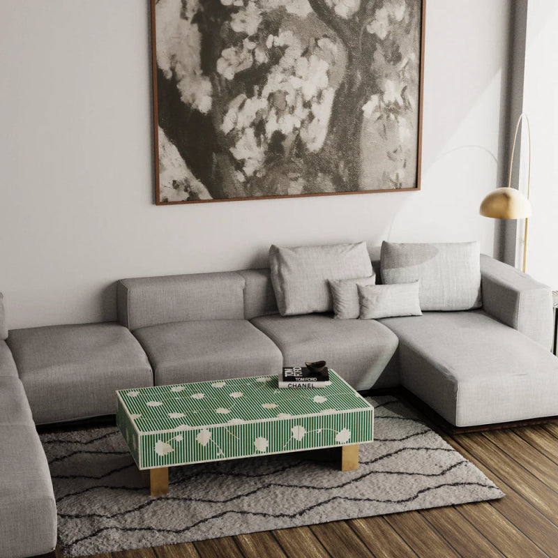 Handmade Bone Inlay Coffee Table with Green Blossom Floral Design & Brass Base - Boho Chic Living Room Furniture for Home Decor