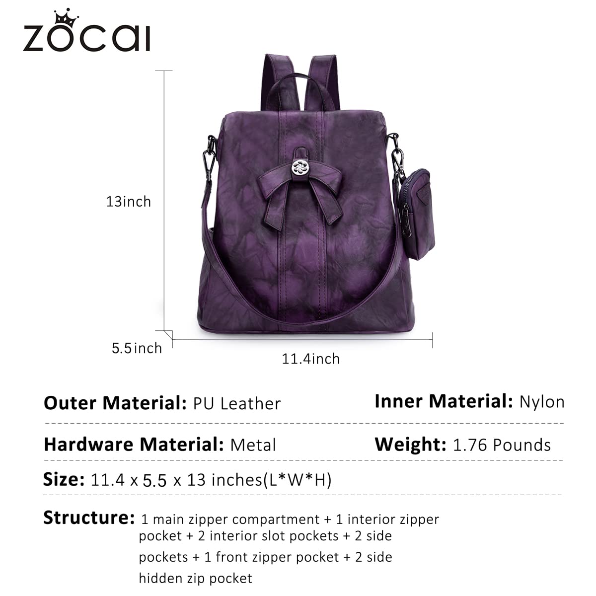 ZOCAI Women's Fashion Backpack Purse - PU Leather Anti-Theft Shoulder Bag & Satchel Daypack for Work, Travel & College (Black)
